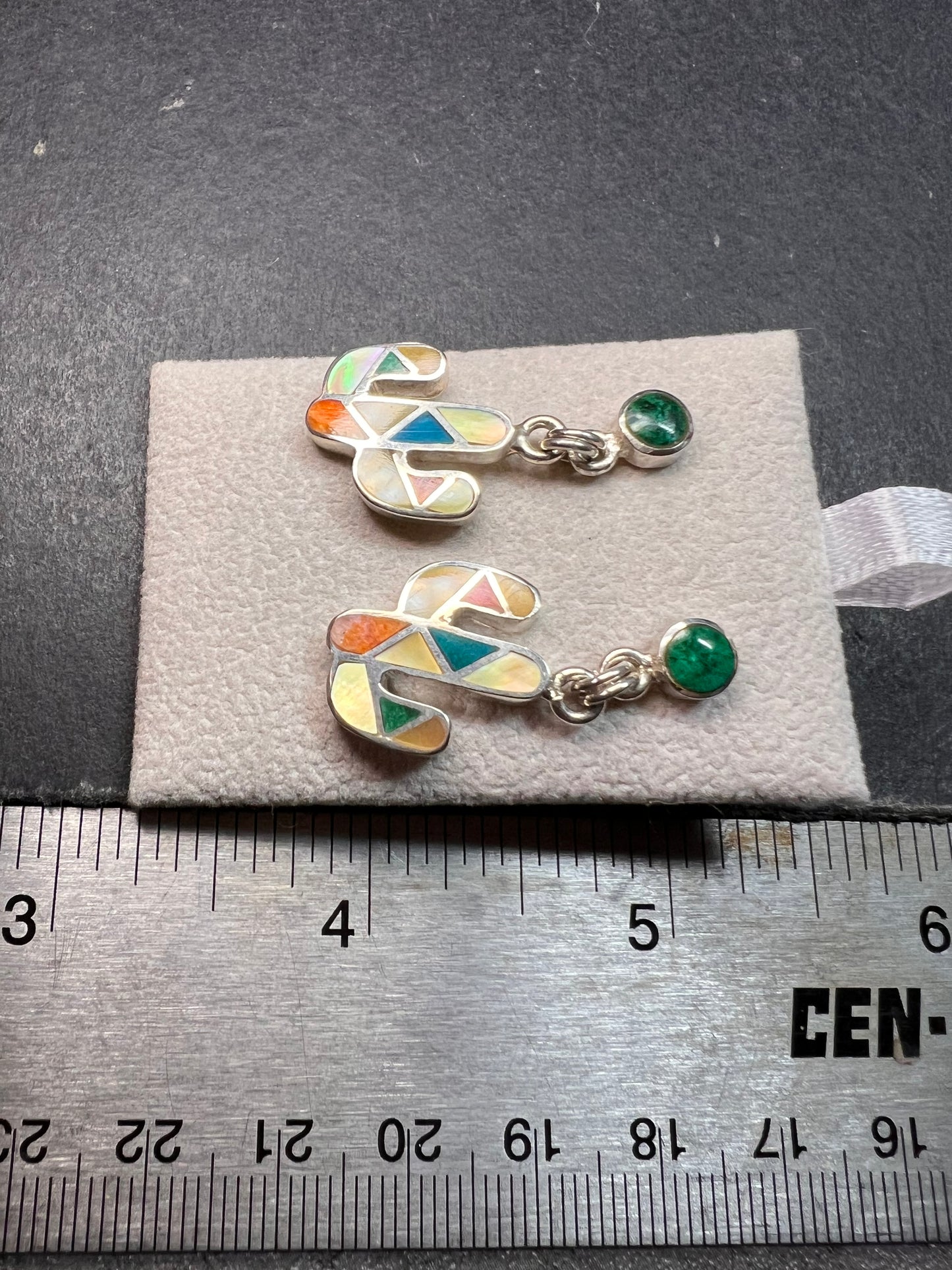 NEW Sterling Silver Peruvian Artistry Mosaic Cactus Earrings – Multi-Gemstone Inlay
