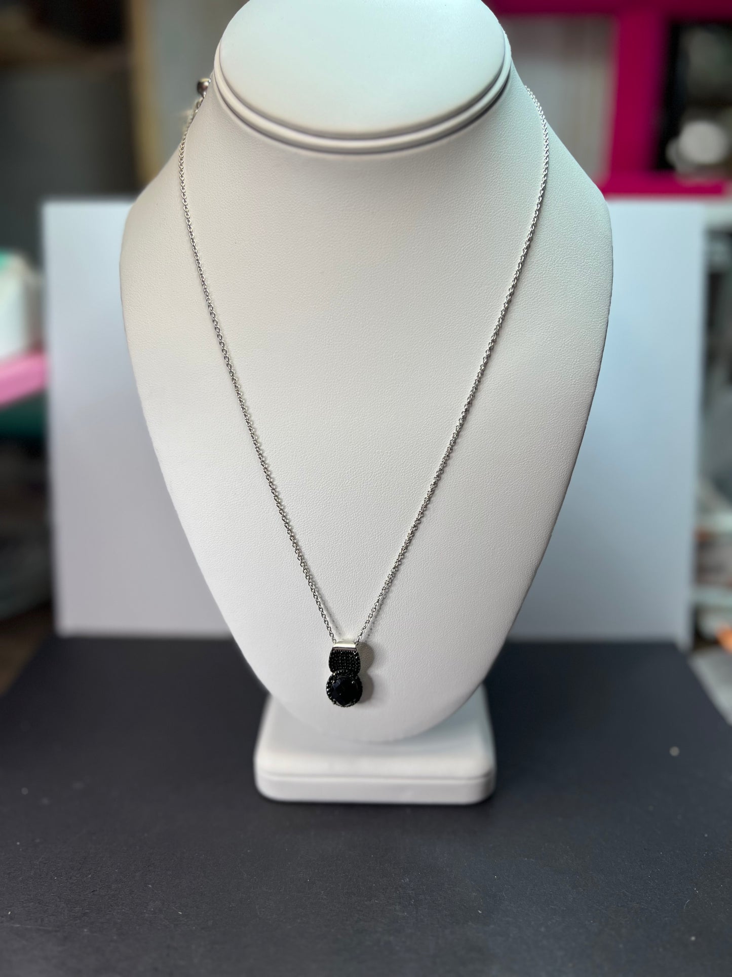 Black spinel pendant and chain necklace in rhodium over sterling silver