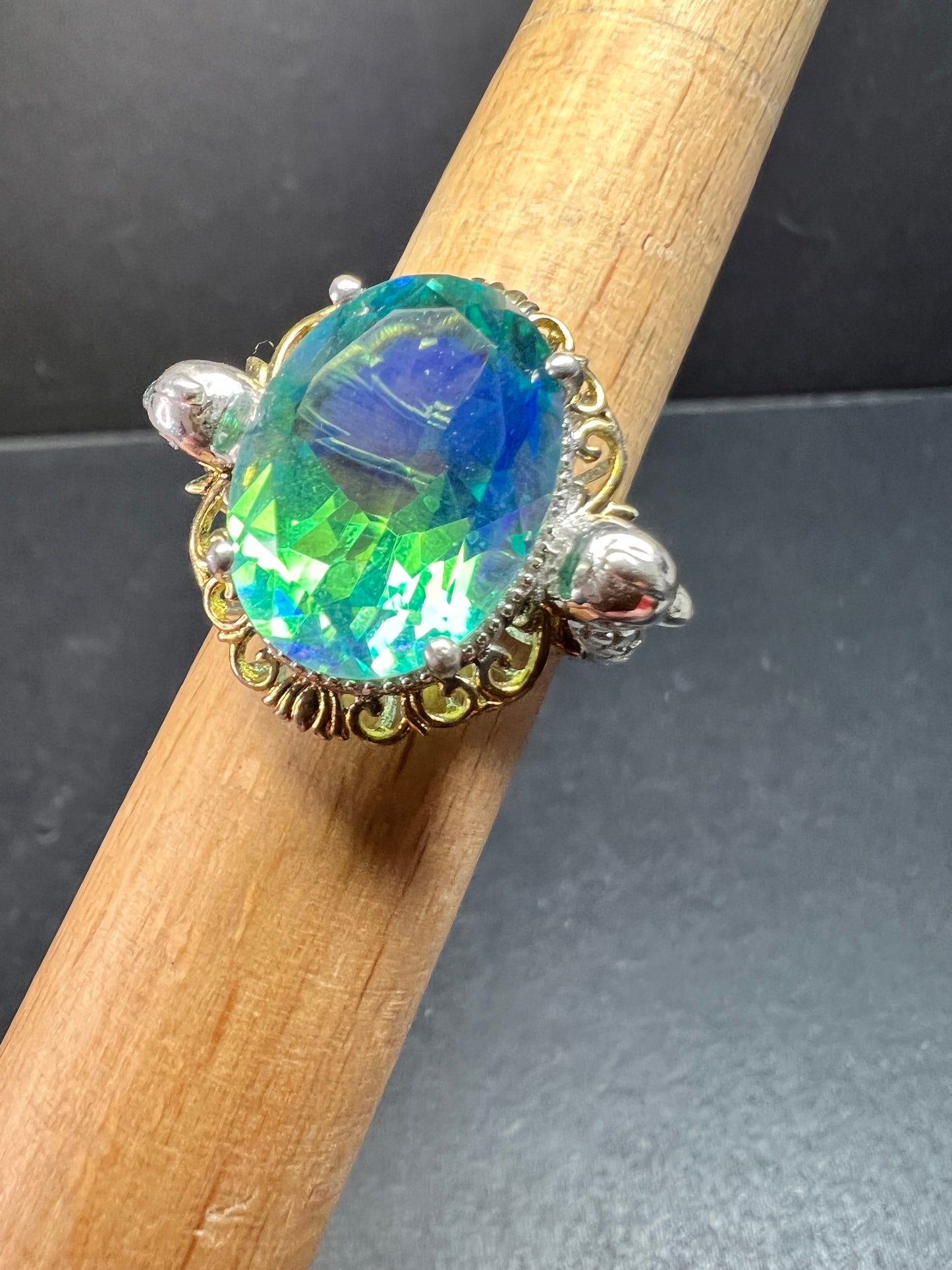Sterling Silver Peacock Quartz Statement Ring Size 9