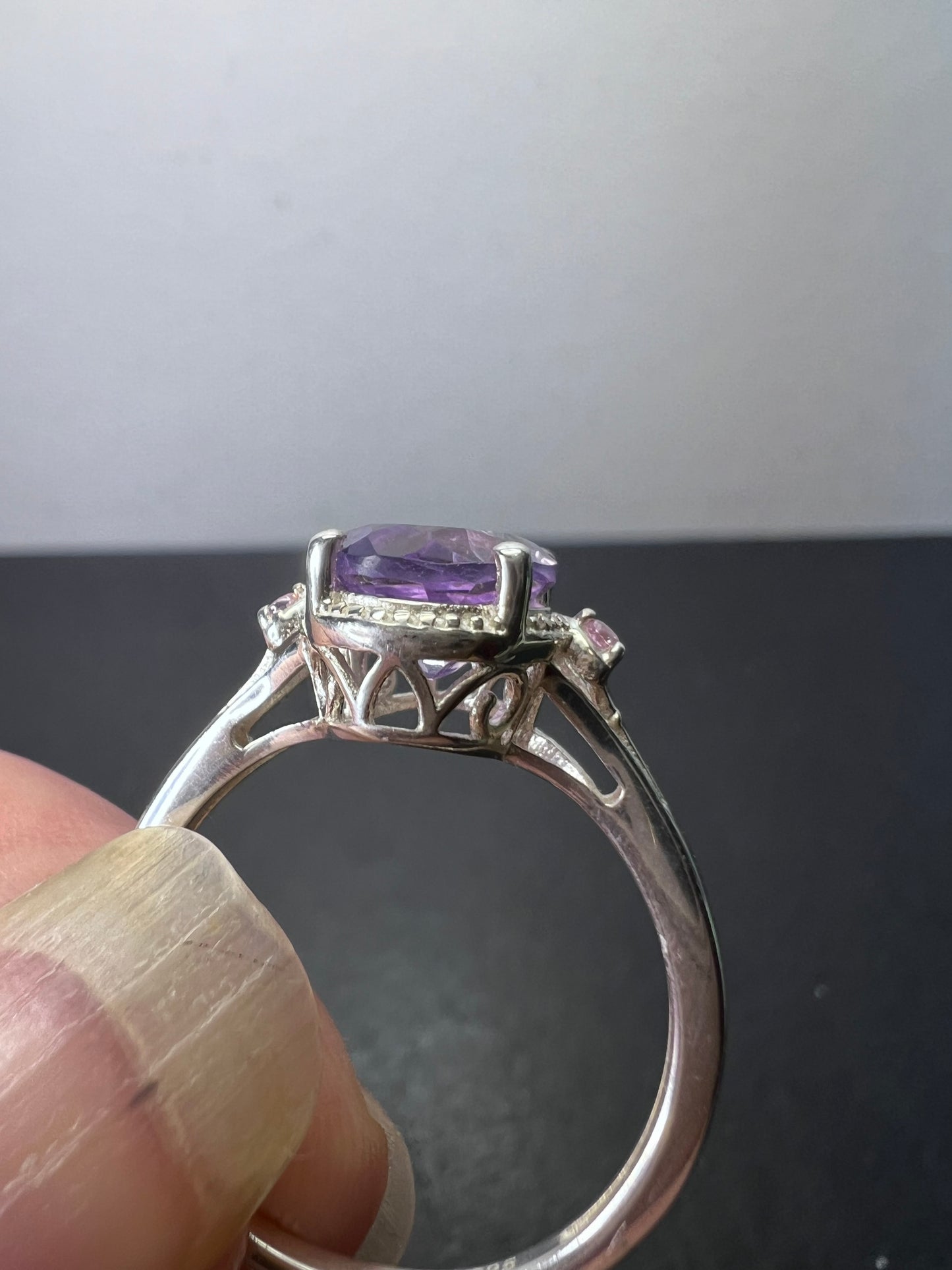 Amethyst and pink CZ sterling silver ring size 9