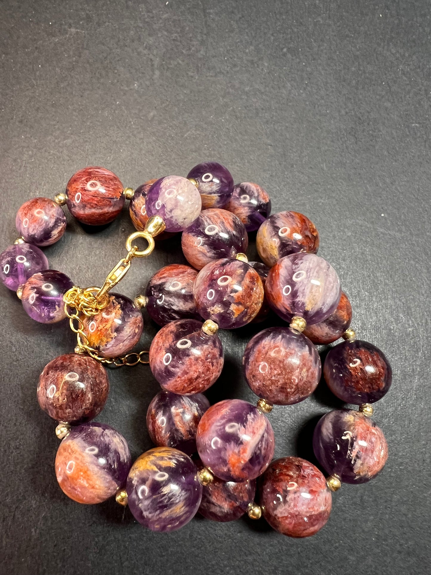 NEW Cacoxenite in amethyst graduated beaded necklace with gold vermeil