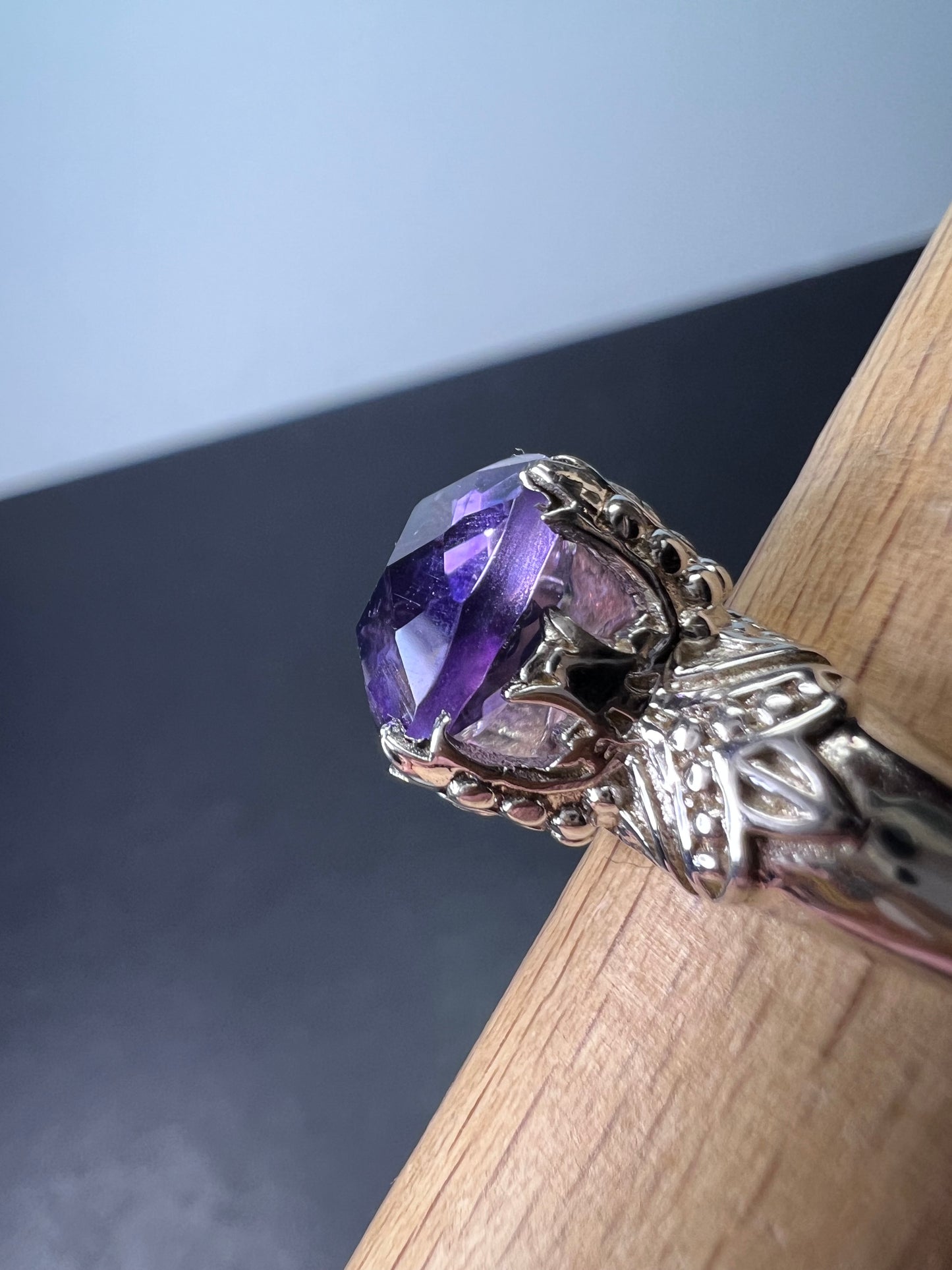 Amethyst cathedral crown setting sterling silver solitaire ring size 9