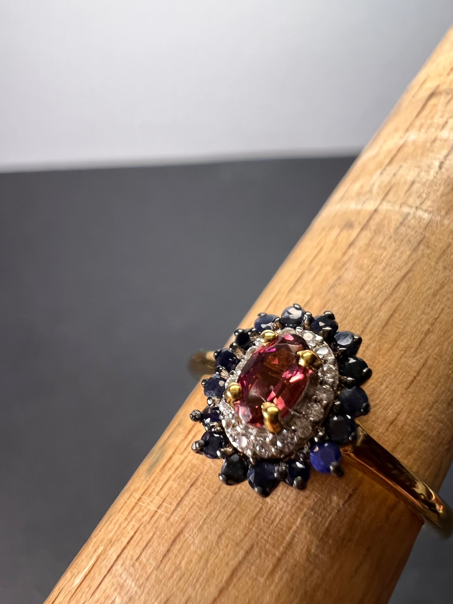 Ofiki rubellite and blue sapphire double halo ring in vermeil yellow gold over sterling silver size 8