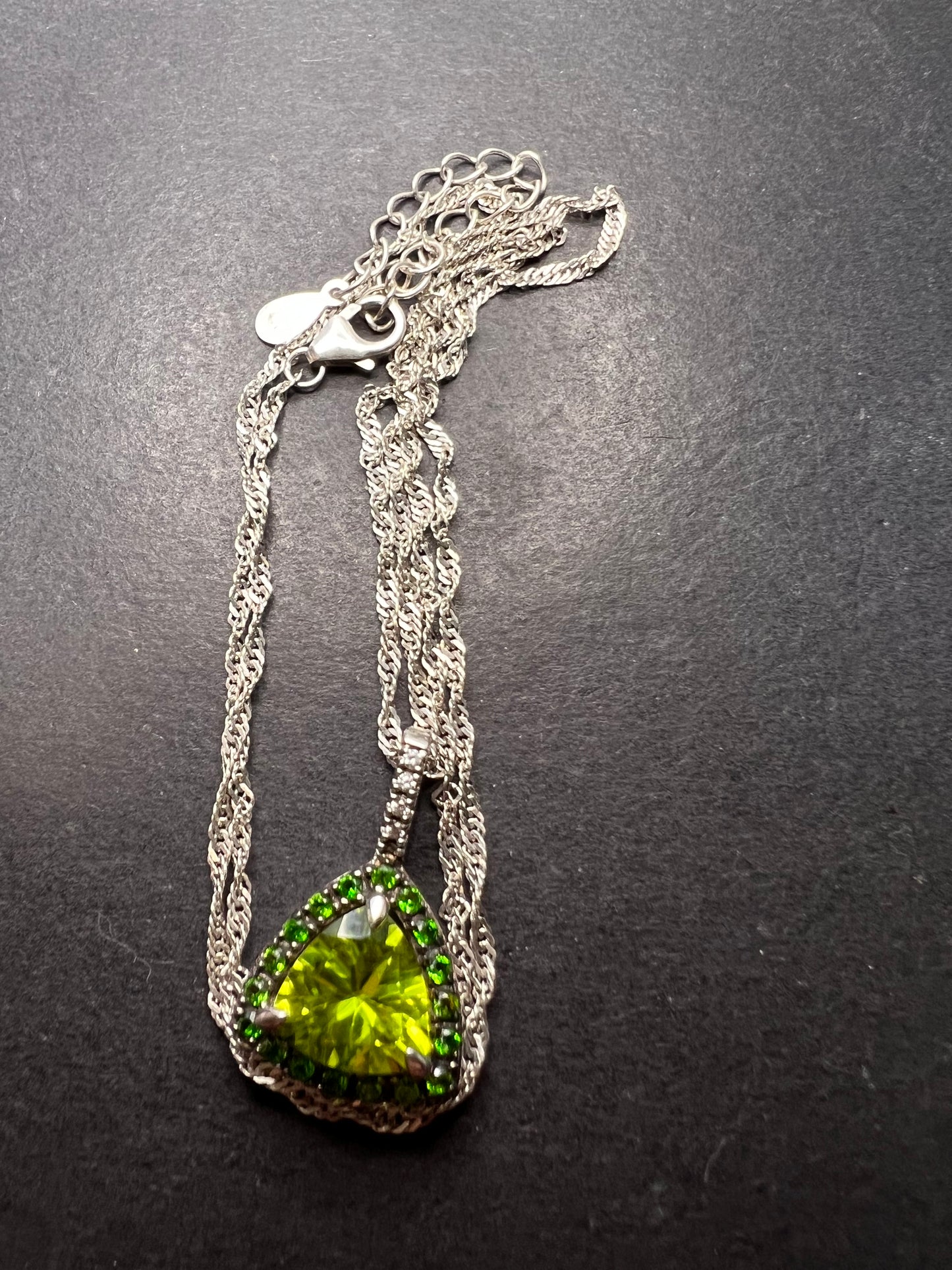 Trillium cut peridot and chrome diopside halo pendant and chain sterling silver necklace