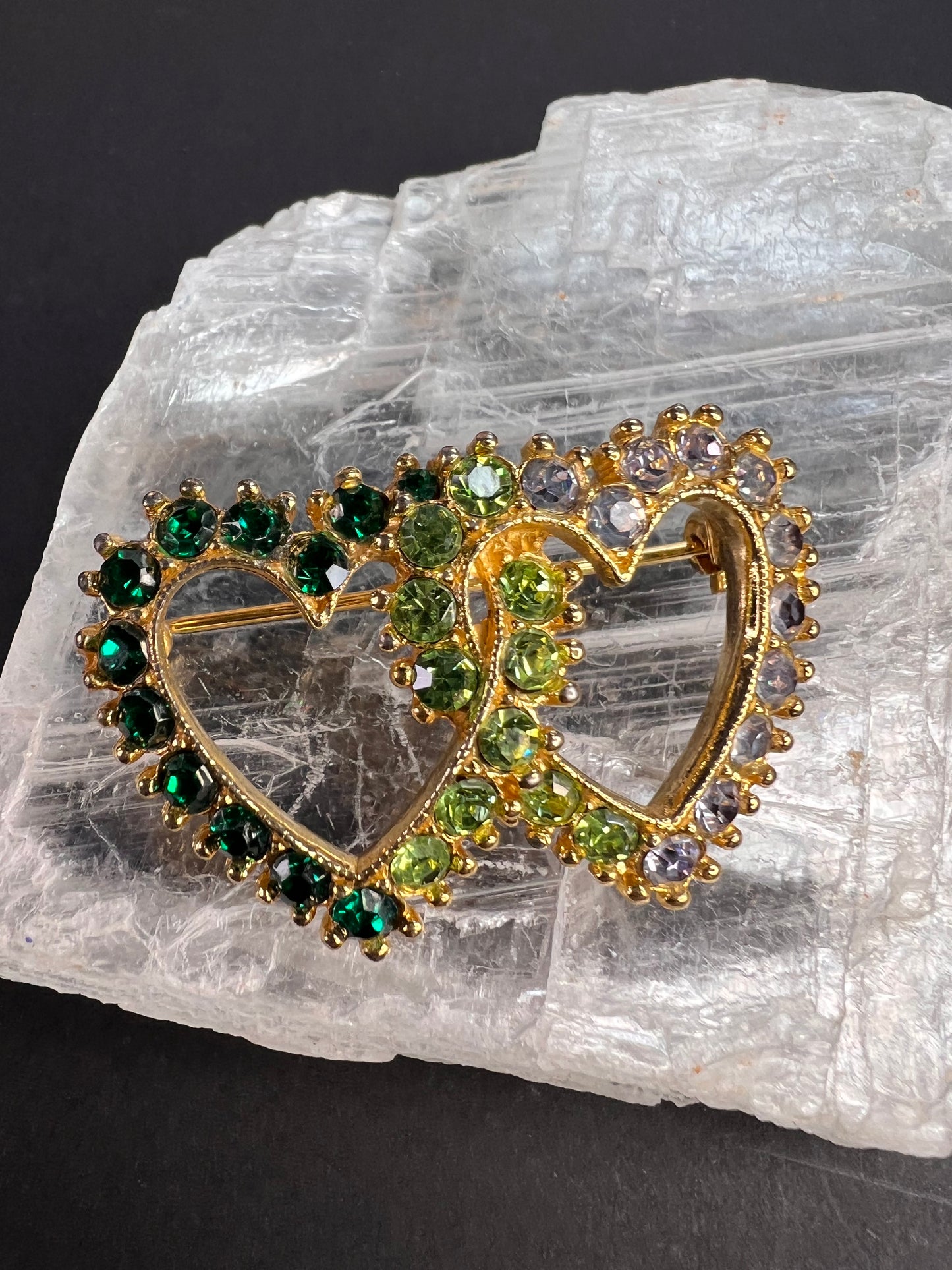 Vintage Gold Tone Double Heart Green Clear Rhinestone Brooch