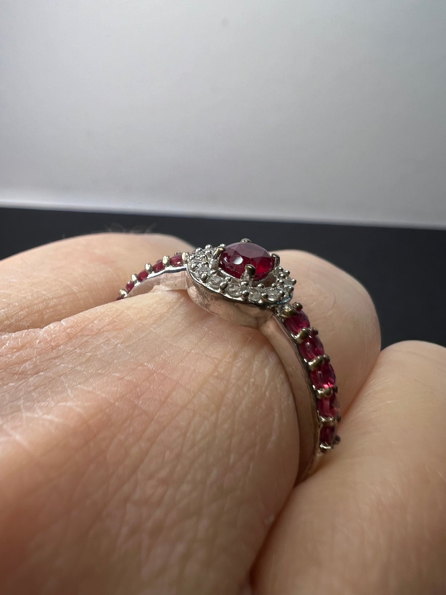 Ruby and zircon sterling silver halo ring size 9