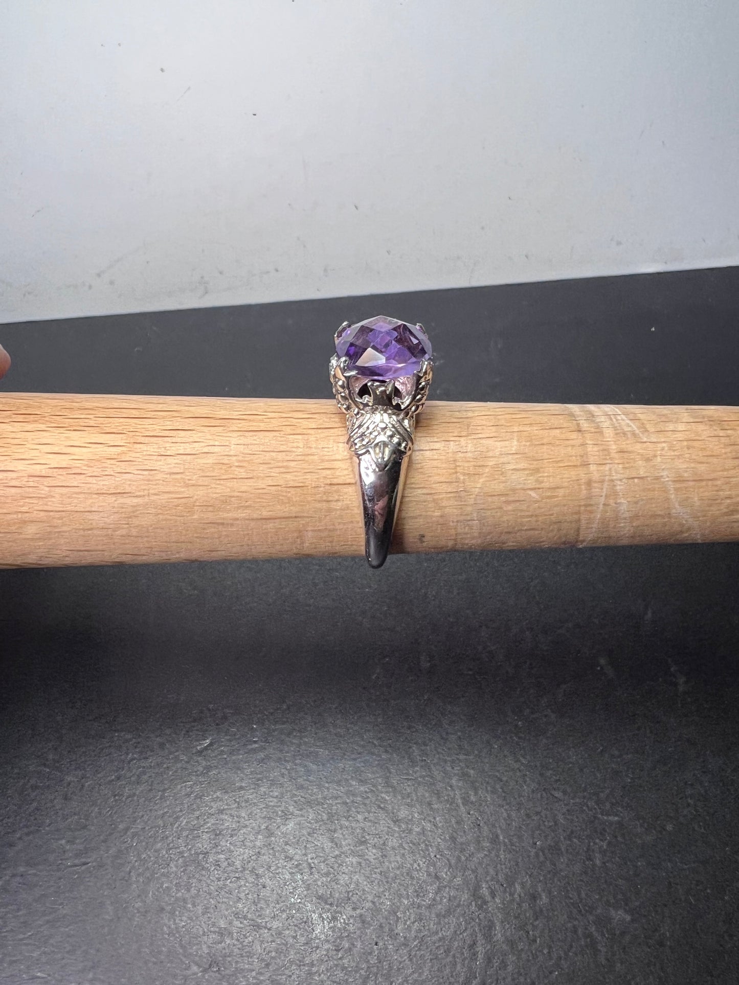 Amethyst cathedral crown setting sterling silver solitaire ring size 9