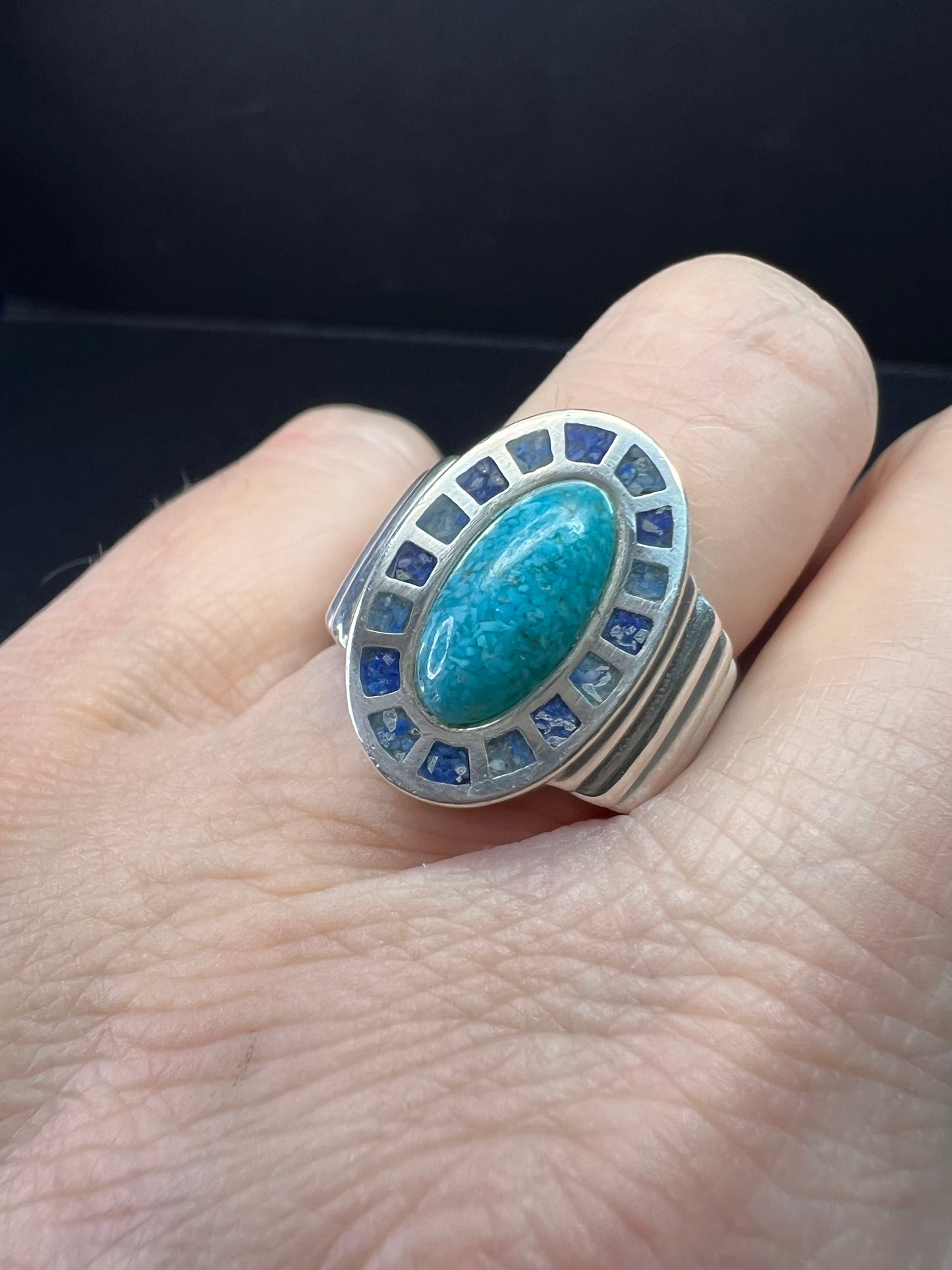 Vintage Sterling Silver Coleman Co. Turquoise & Lapis Mosaic Inlay Ring – Size 7