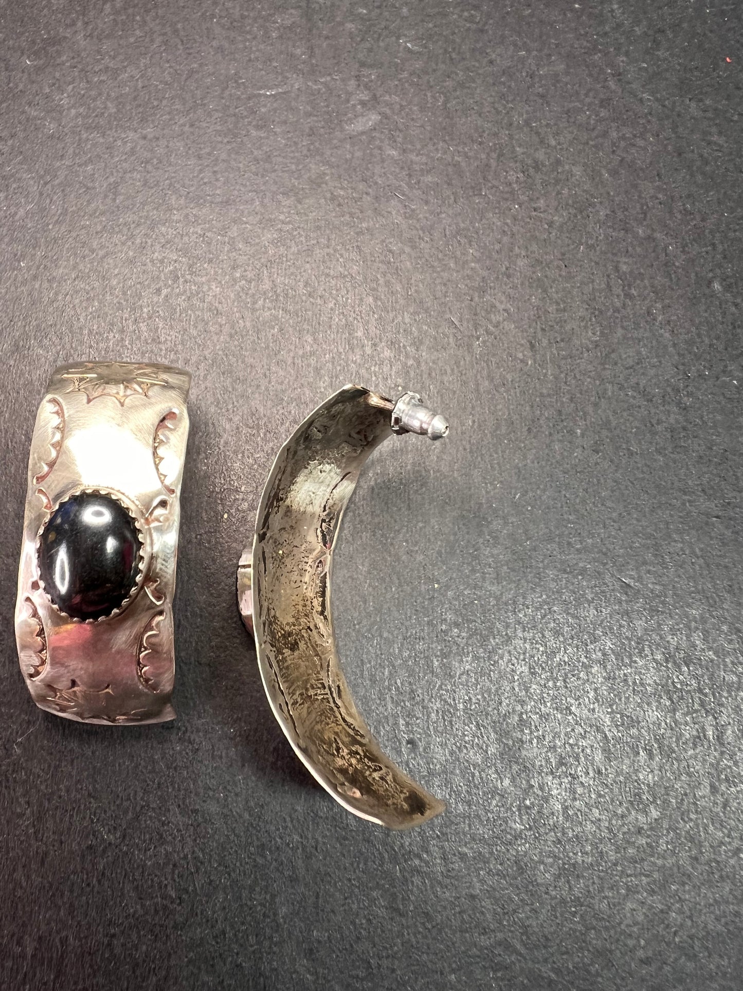 Vintage Sterling Silver Hematite Wide Band Post Earrings Southwestern Handmade