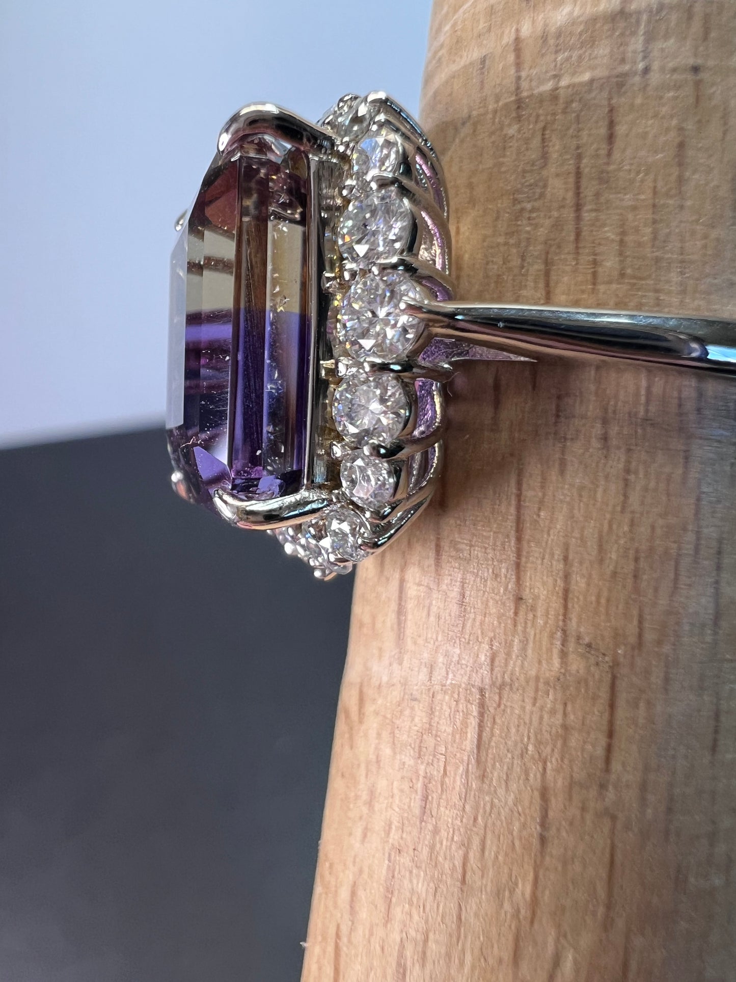 Ametrine and moissanite halo ring in rhodium over sterling silver size 8