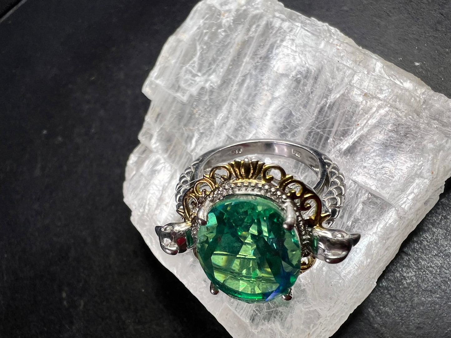 Sterling Silver Peacock Quartz Statement Ring Size 9