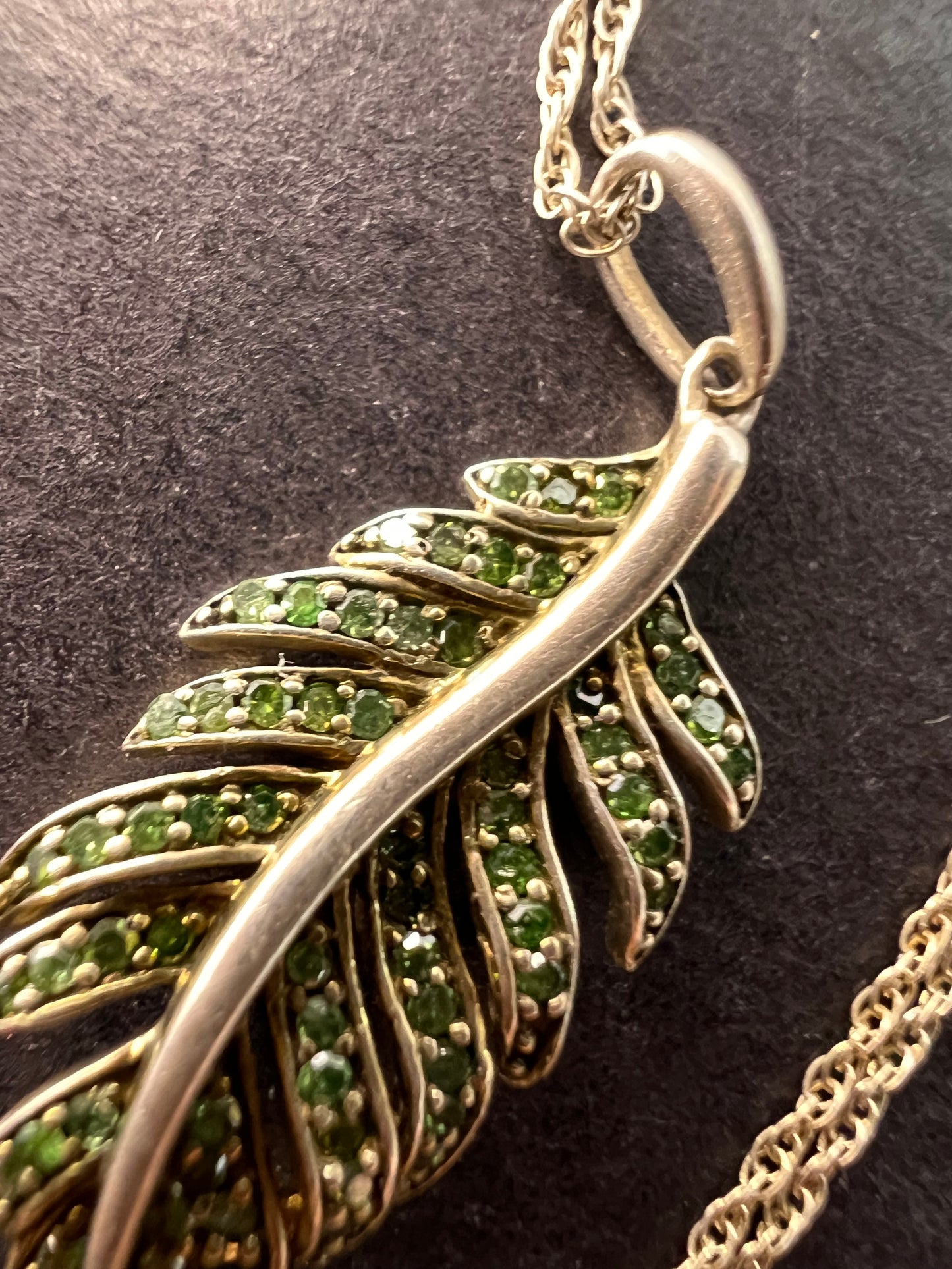 Natural green diamonds feather pendant and chain necklace in white gold over sterling silver