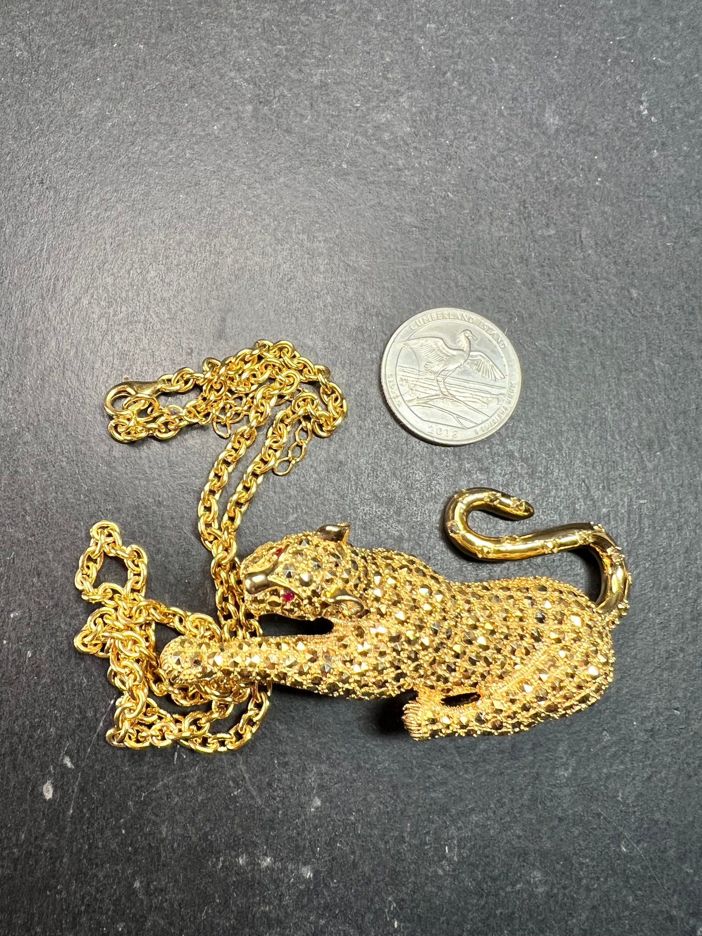 Dallas Prince 14K Clad Marcasite Panther Necklace Ruby Eyes 18-20