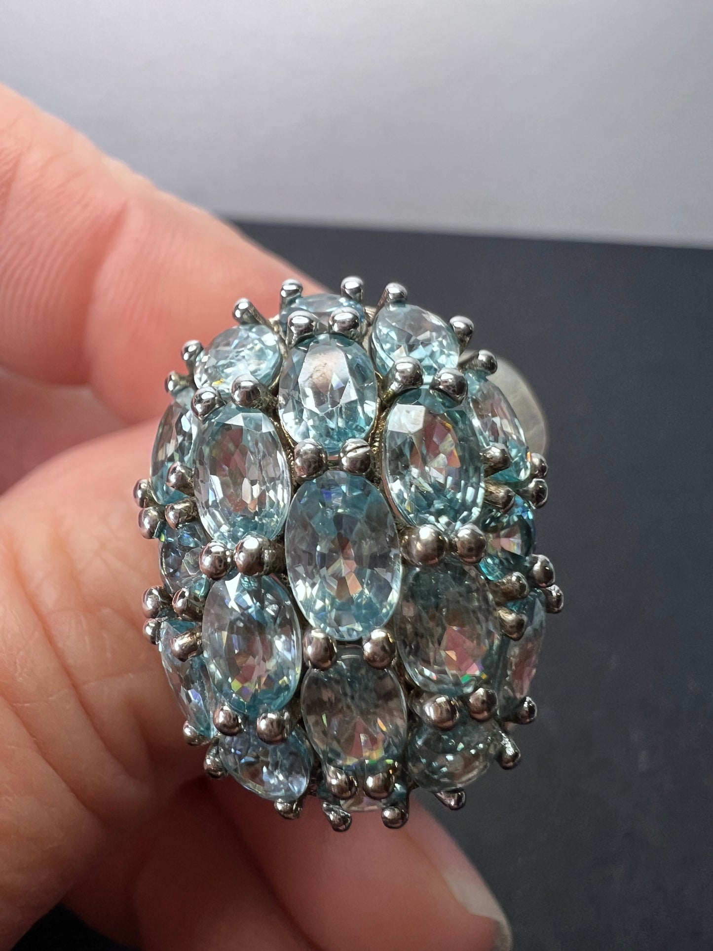 Blue topaz sterling silver cluster statement ring size 9