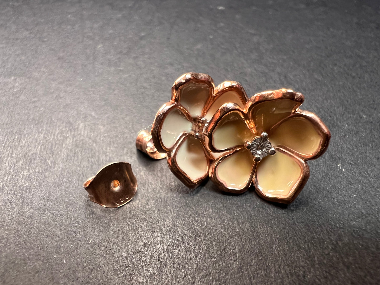 Diamond accent floral enamel earrings in rose gold over sterling silver