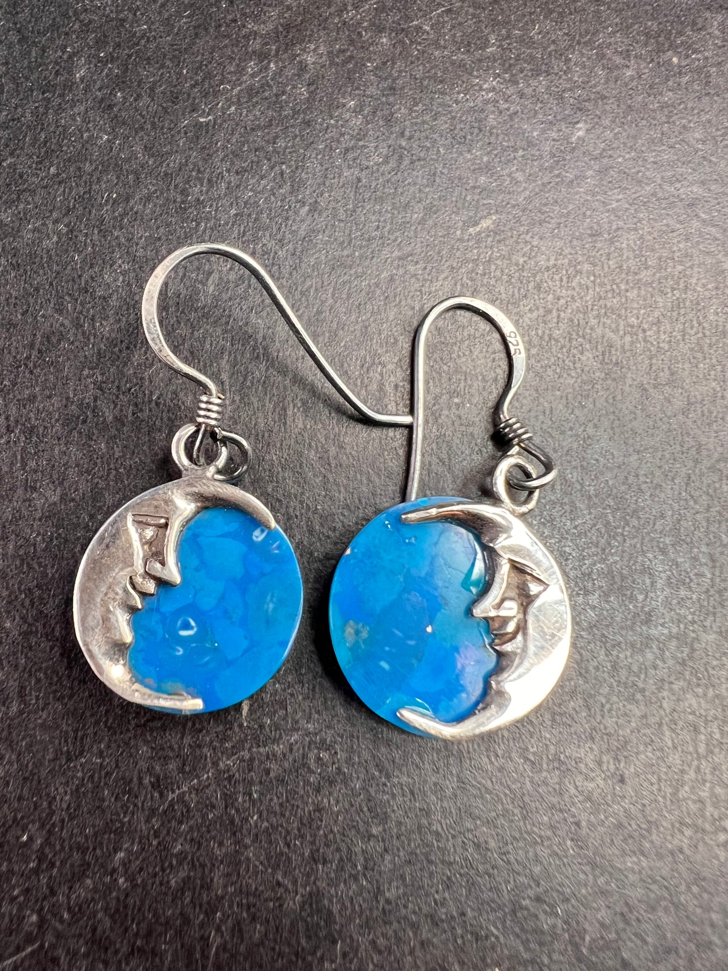 Vintage Sterling Silver Crescent Moon Blue Stone Dangle Earrings