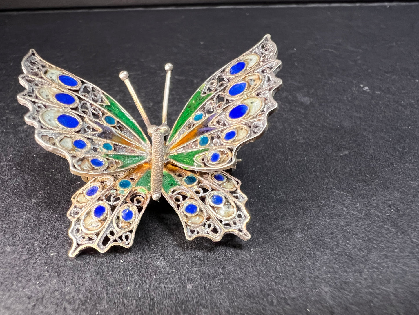 Vintage Alieti Adriana 800 silver Italian enameled filigree butterfly brooch pin