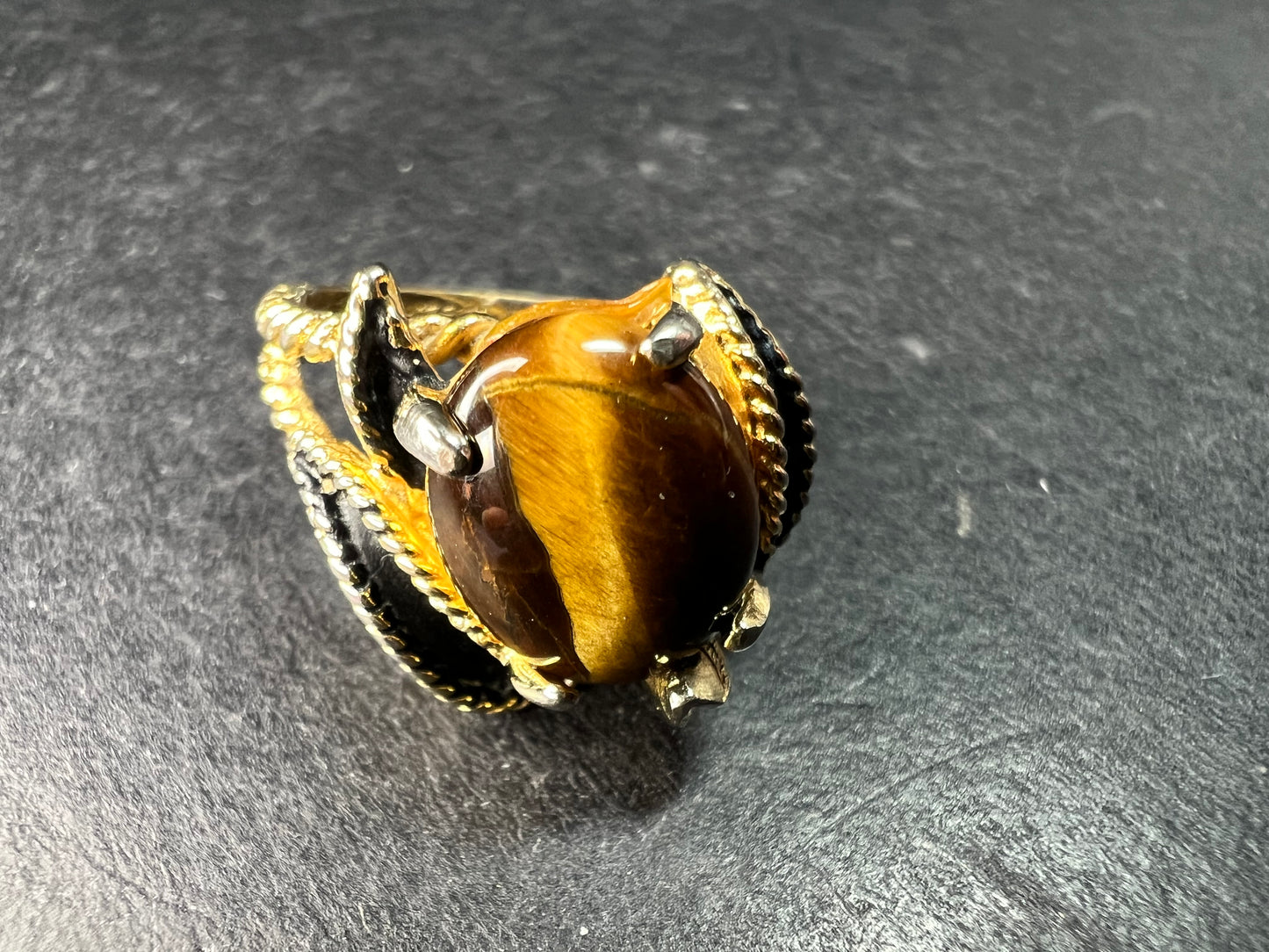 Vintage Espo Tiger’s Eye Ring Size 7.5 18K HGF Gold Filled Statement