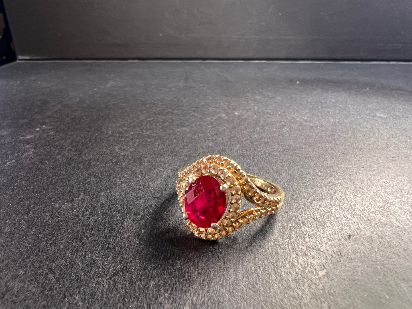 Lab Ruby and topaz halo ring in gold over sterling silver size 7