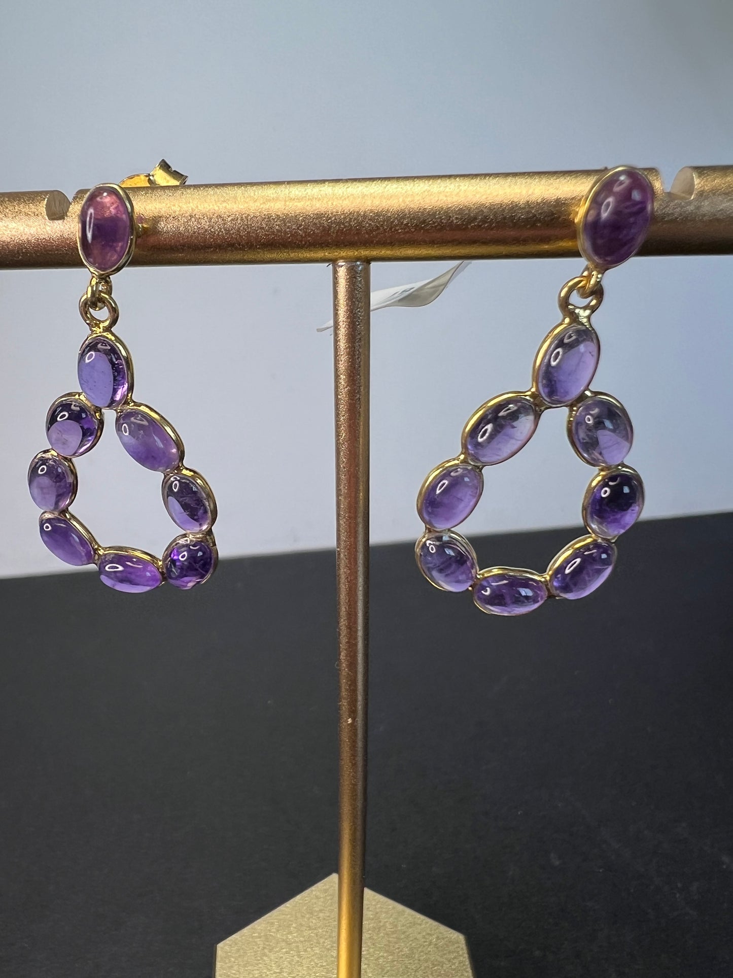 New amethyst teardrop hoop earrings in 18k gold over sterling silver