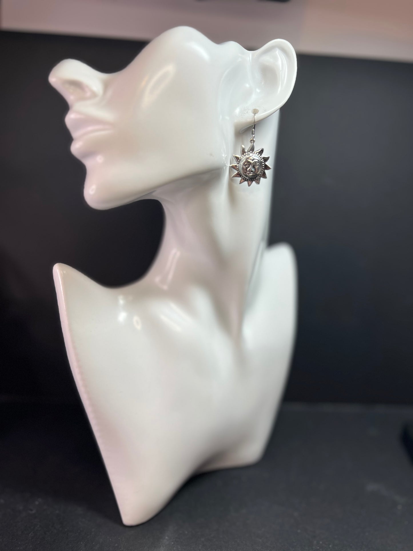 Vintage Sterling Silver Sun Face Dangle Earrings 925