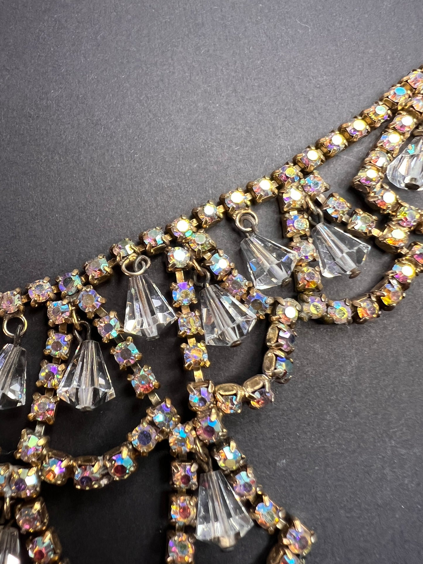 Vintage AB Rhinestone Bib Necklace Clear Glass Dangles Gold Tone