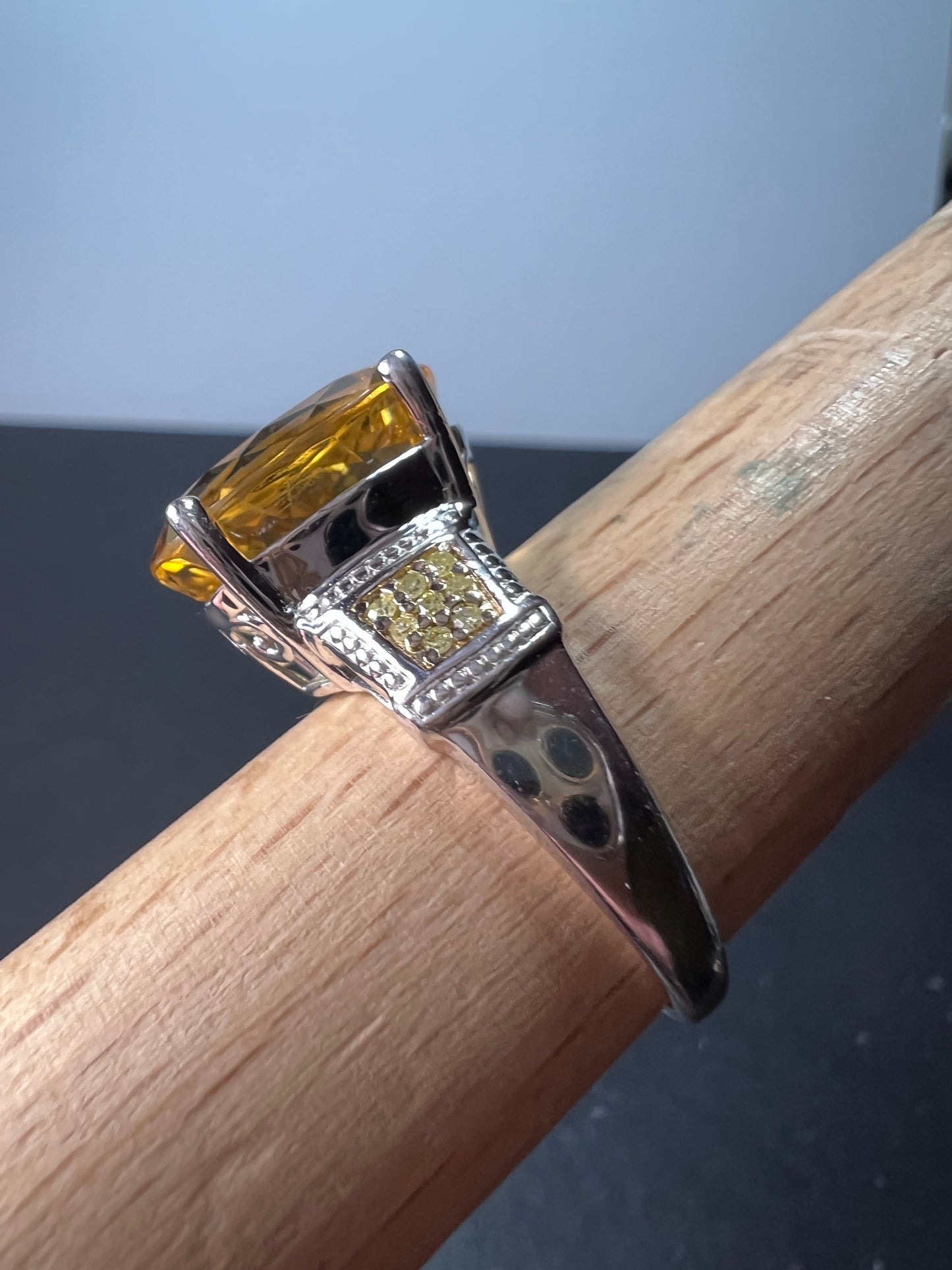 Citrine and yellow diamond ring in sterling silver size 10. 7.55 ctw