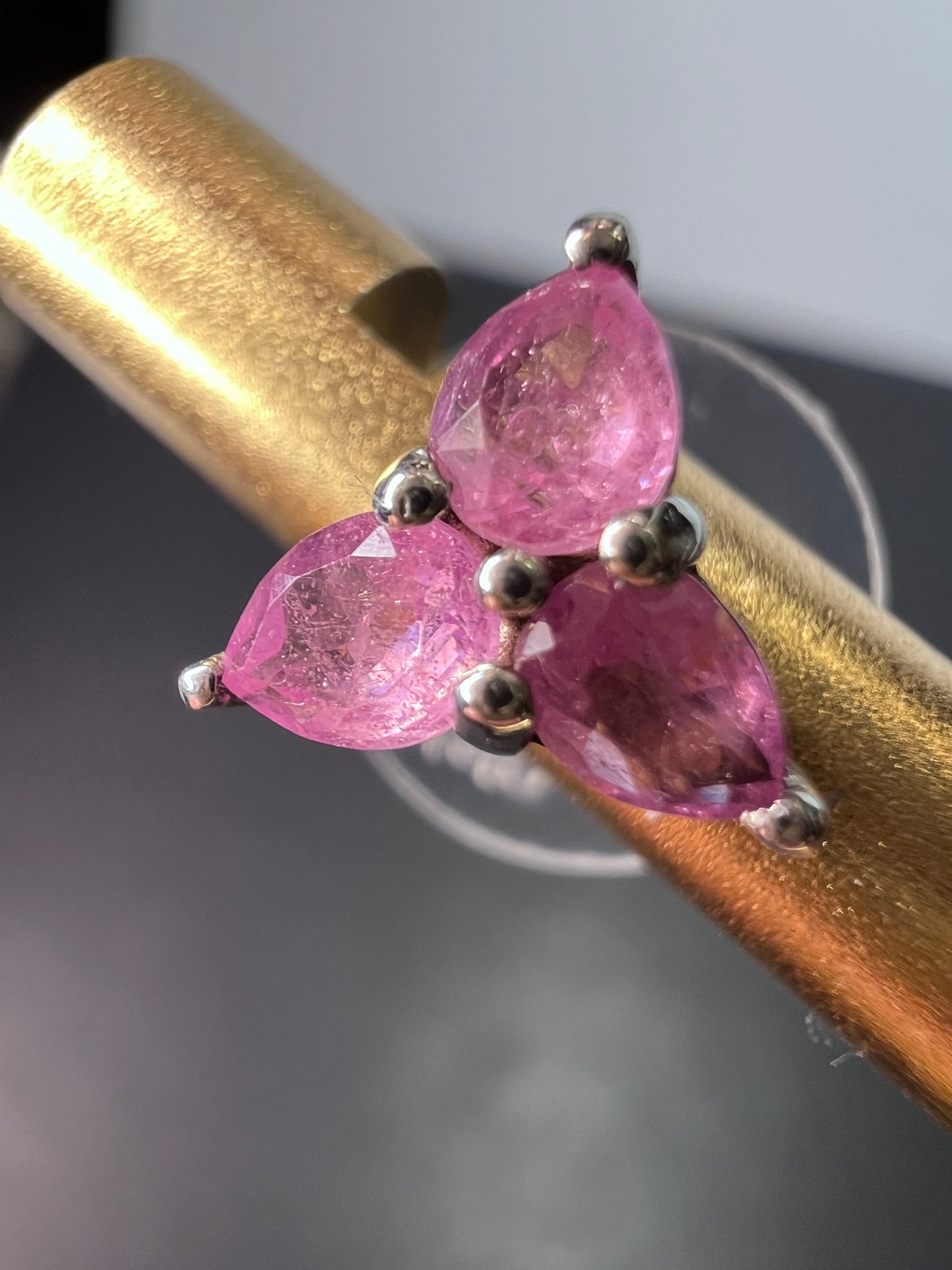 Pink sapphire triple stone sterling silver stud earrings