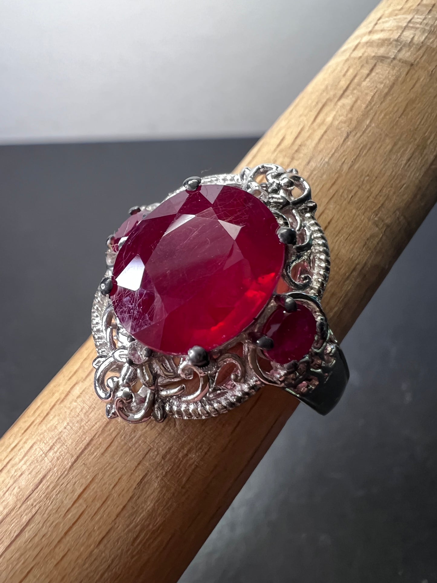 Ruby and white topaz sterling silver cocktail ring size 9