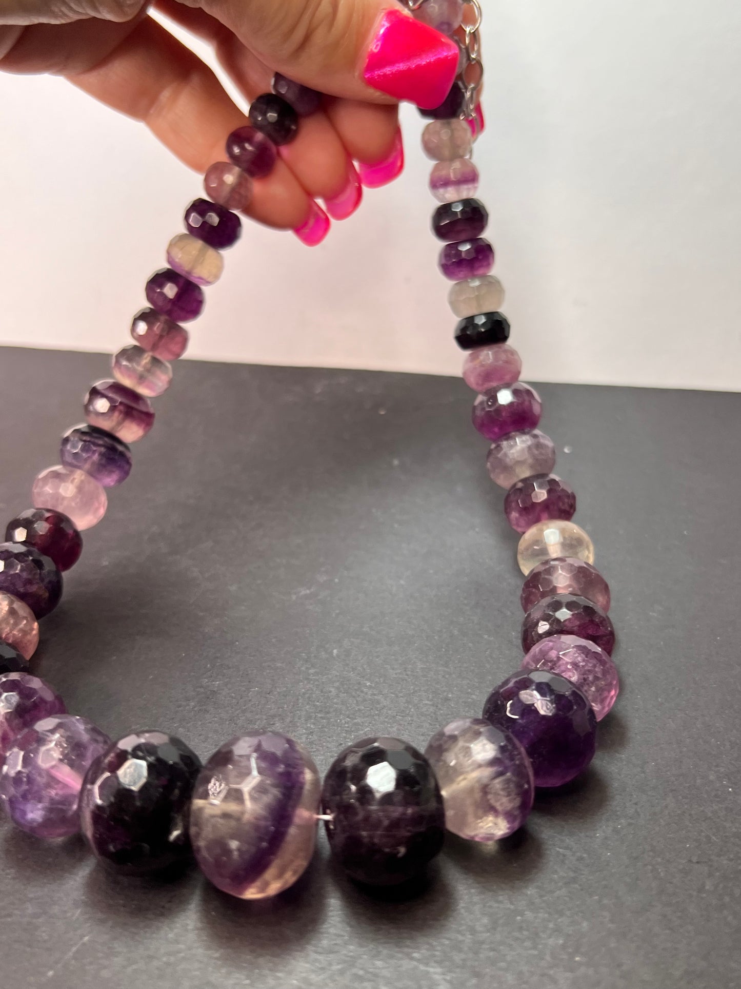 Rainbow and purple fluorite faceted beaded statement necklace with 925 lobster clasp