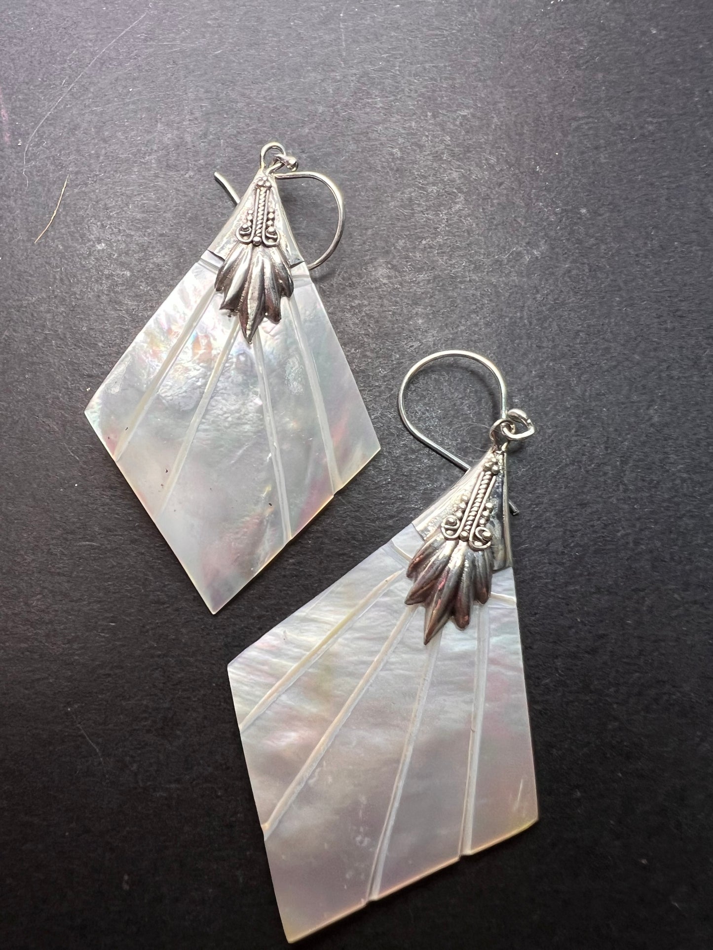 Mother of pearl sterling silver diamond dangle earrings