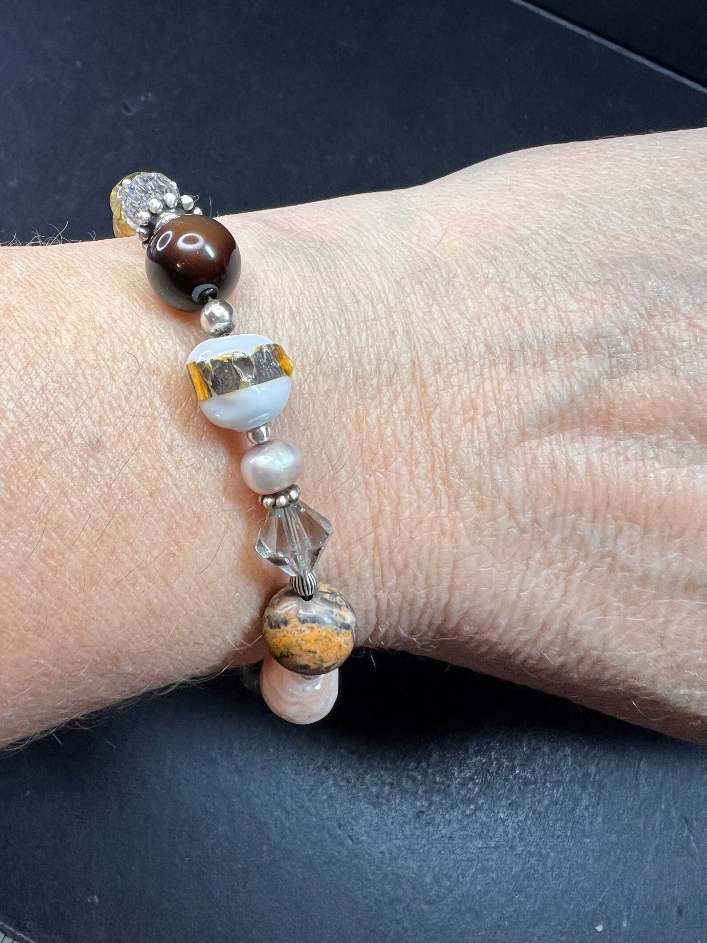 Vintage sterling silver, semi precious stones and glass toggle 8 inch bracelet