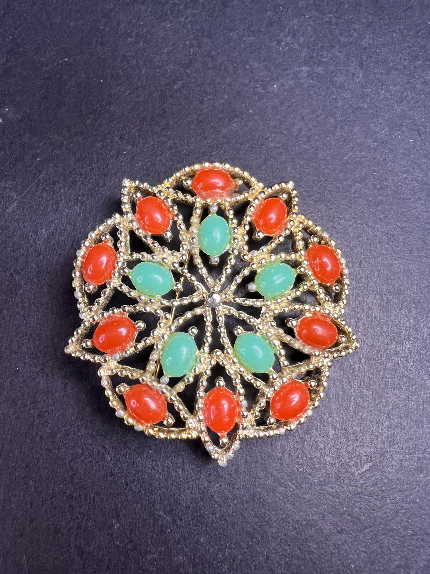 VTG Sarah Coventry Acapulco Red Green Sim Turquoise & Coral Brooch Pin
