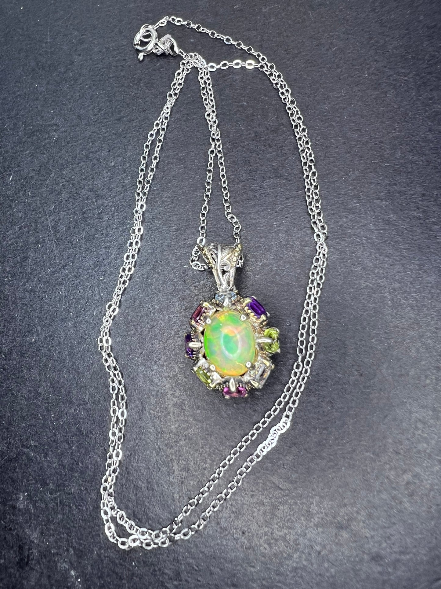 Ethiopian opal multi stone sterling silver halo pendant necklace