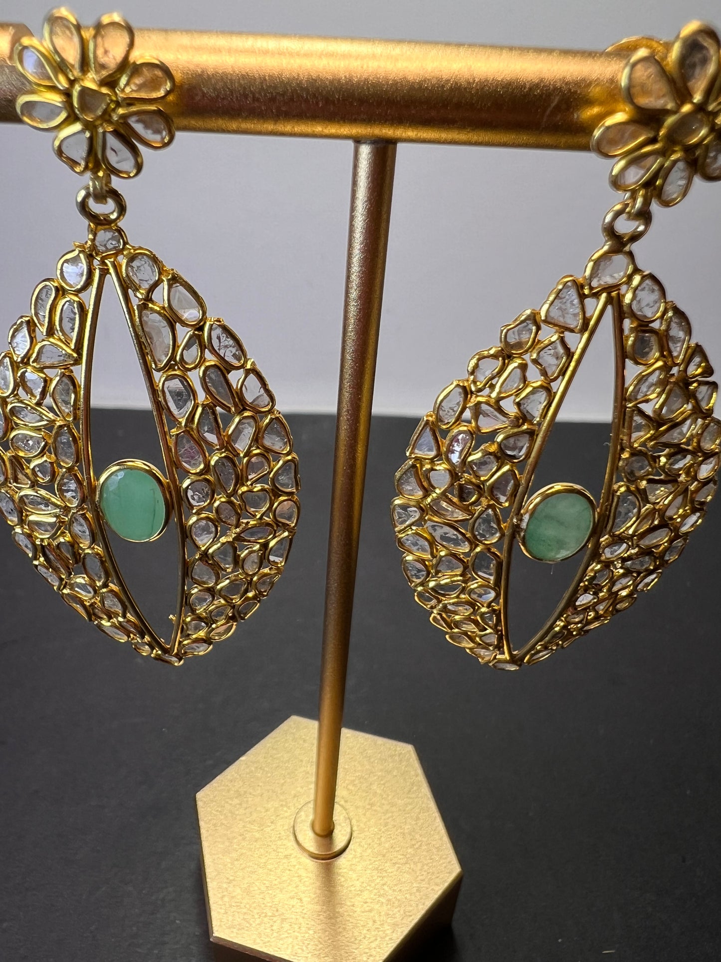 Polki diamond slices and emerald gold over sterling silver open marquee drop earrings