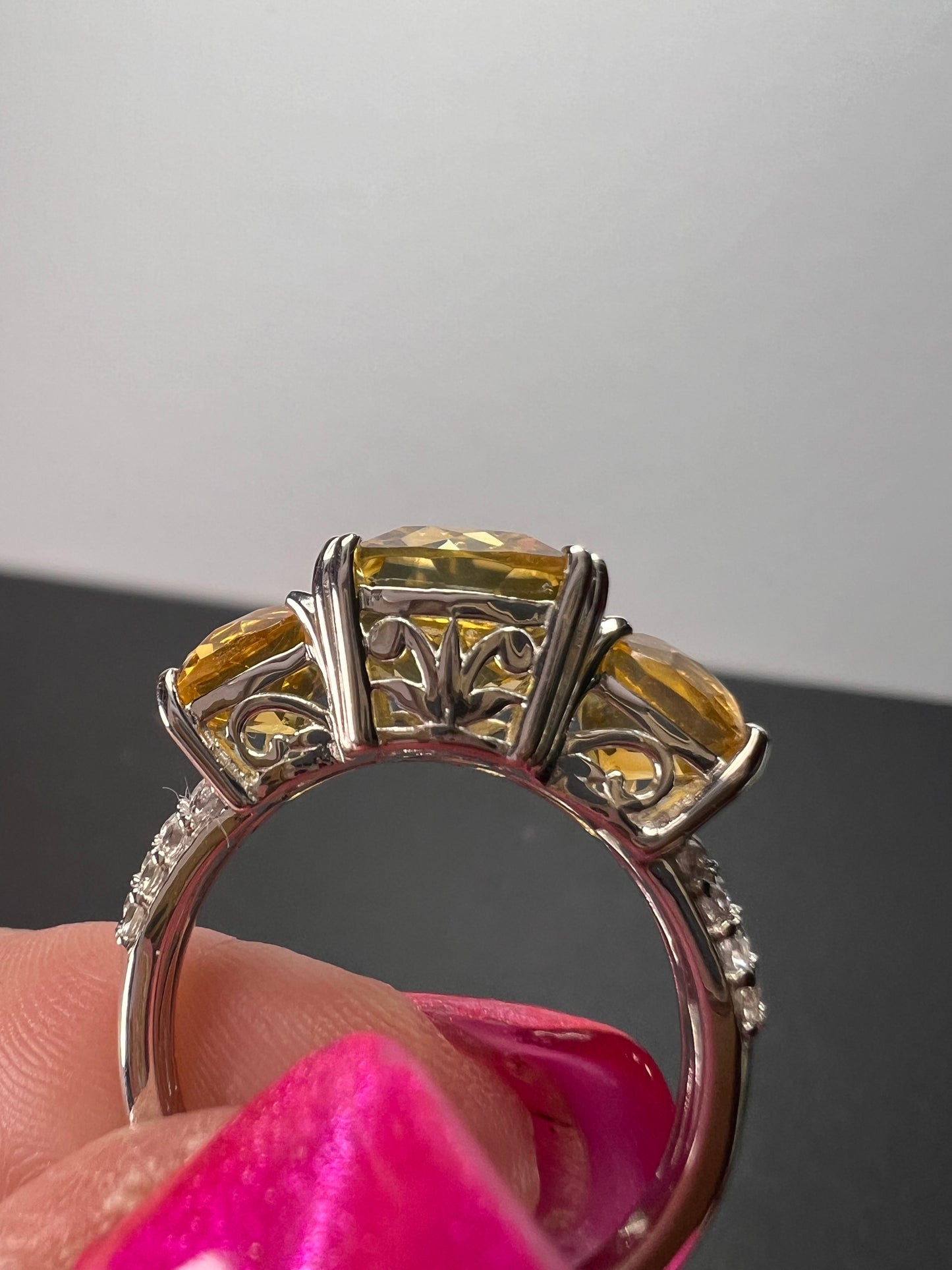 Brand new Brazilian citrine and white zircon 10.20 trilogy ring in platinum over sterling silver size 9