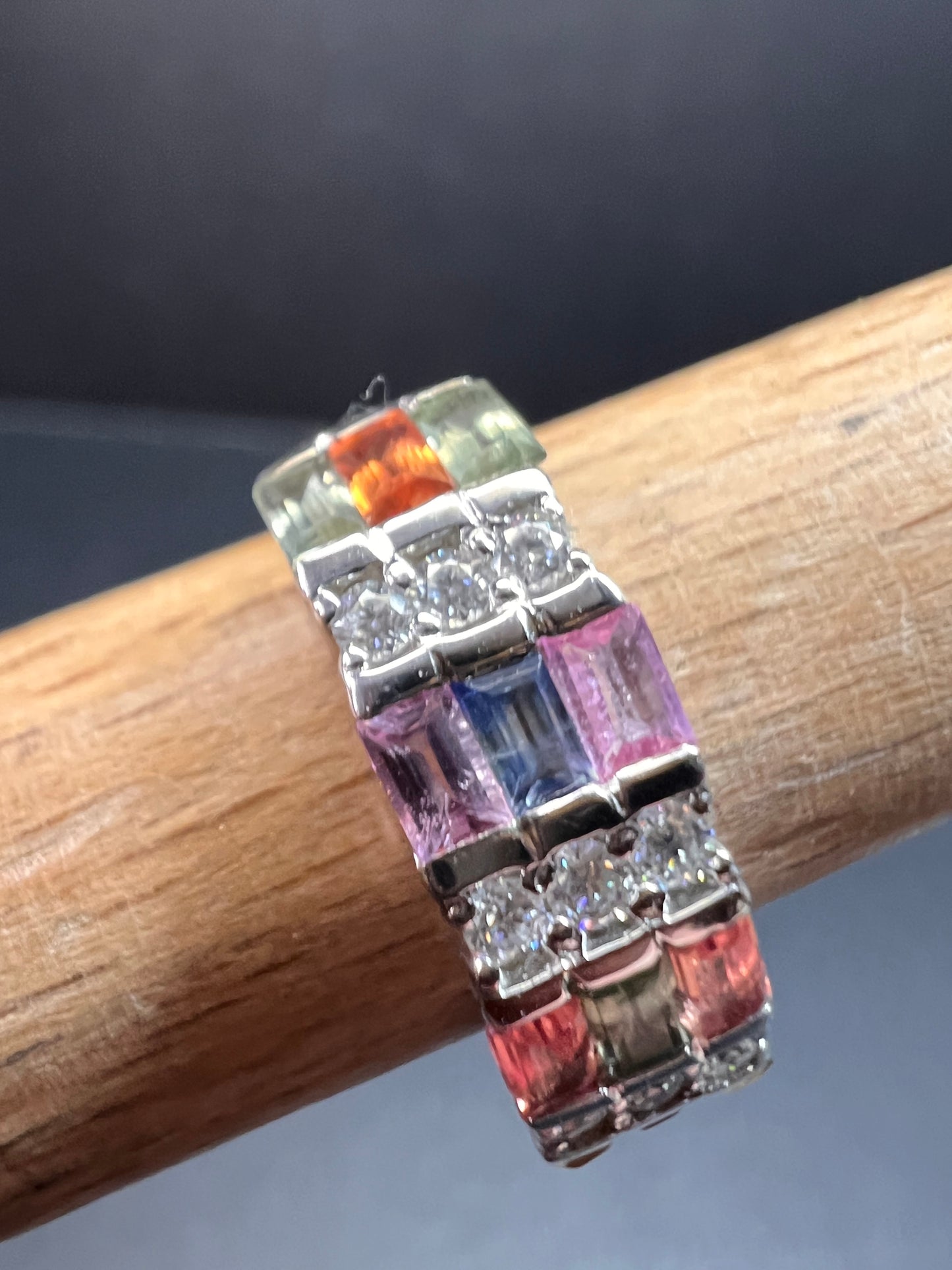 NEW multi sapphire and moissanite art deco style ring in rhodium over sterling silver size 5