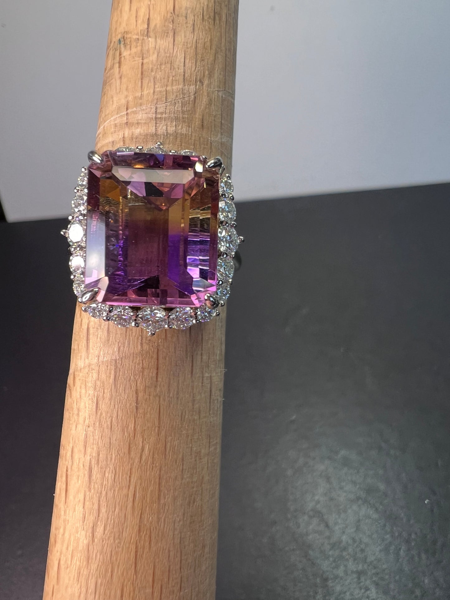 Ametrine and moissanite halo ring in rhodium over sterling silver size 8