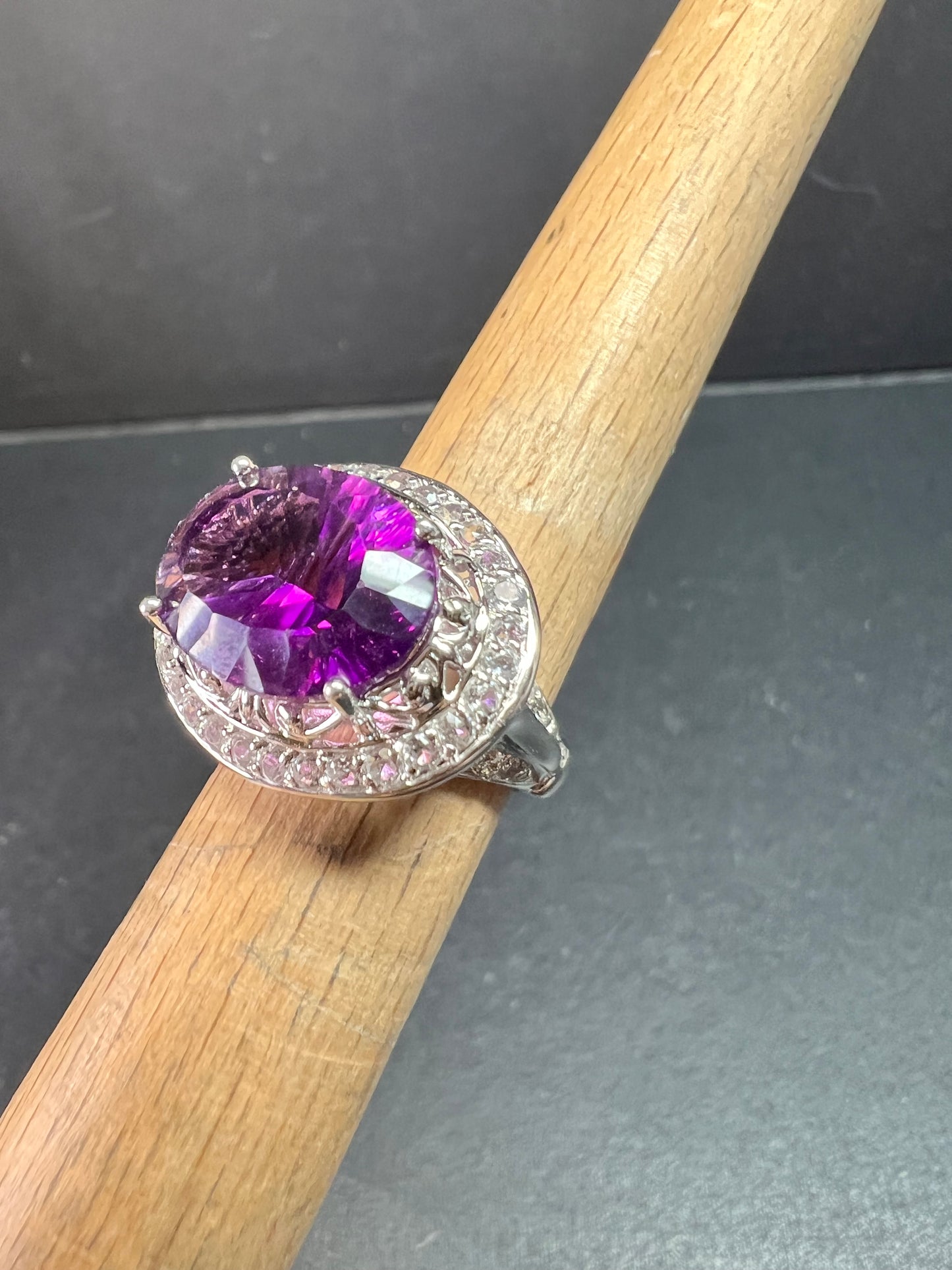 Sterling Silver Purple Fluorite & White Topaz Halo Ring Size 6