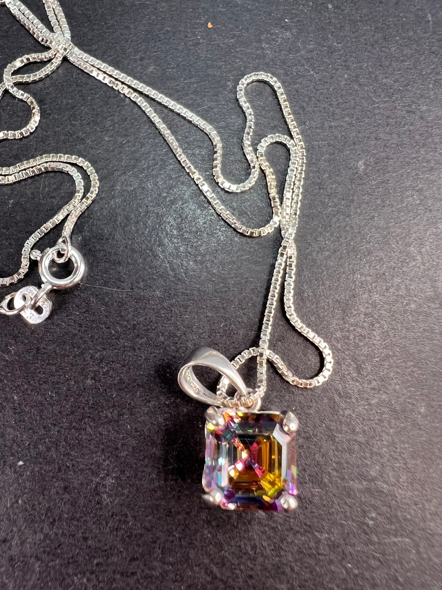 Mystic multi colored quartz gem pendant in sterling silver with chain