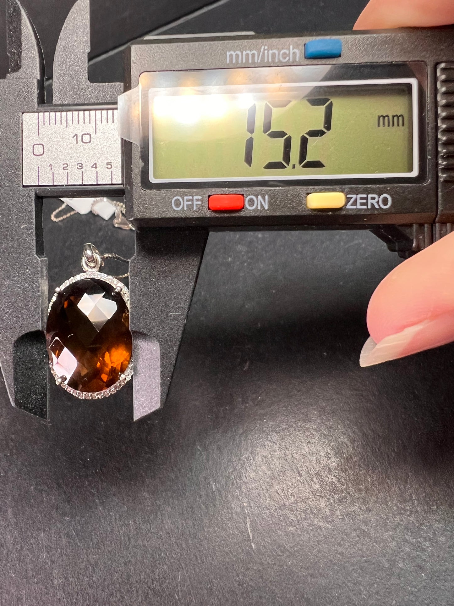 Sterling Cognac Quartz Pendant Necklace | 24” Adjustable Ball Chain