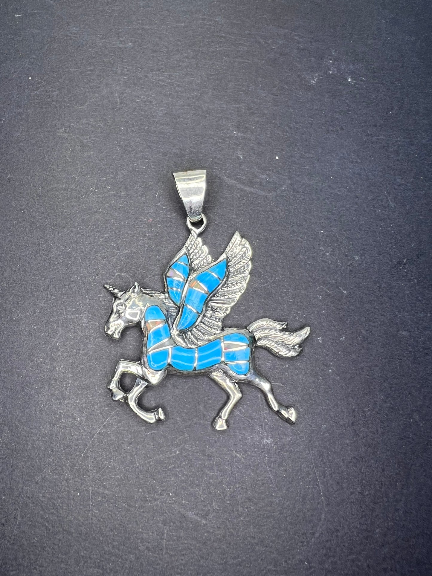 Turquoise and lab opal inlay Pegasus unicorn sterling silver pendant