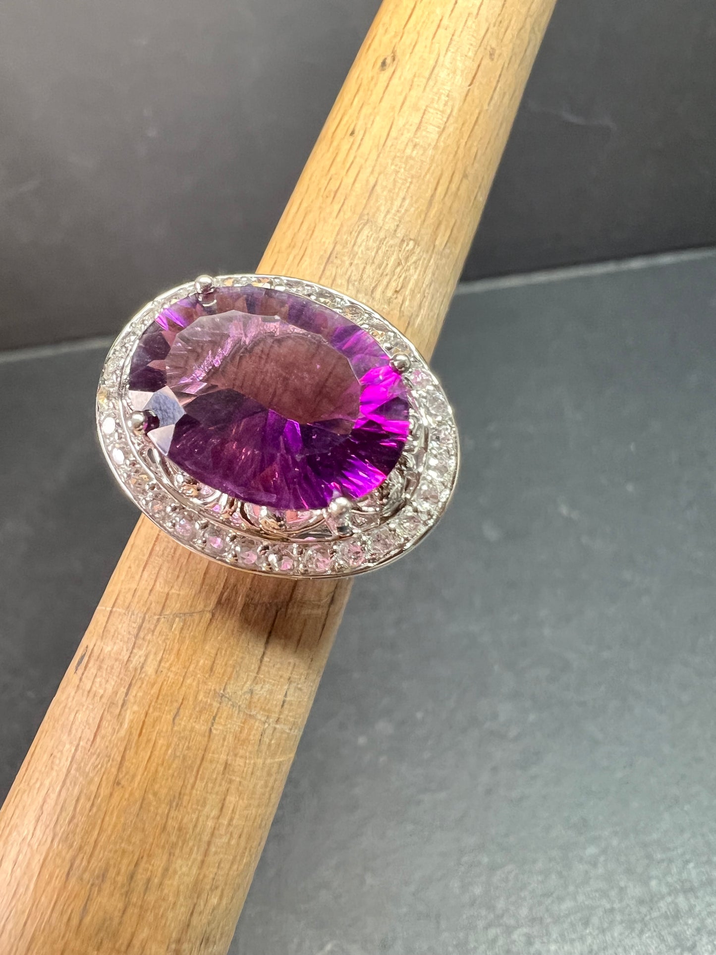 Sterling Silver Purple Fluorite & White Topaz Halo Ring Size 6