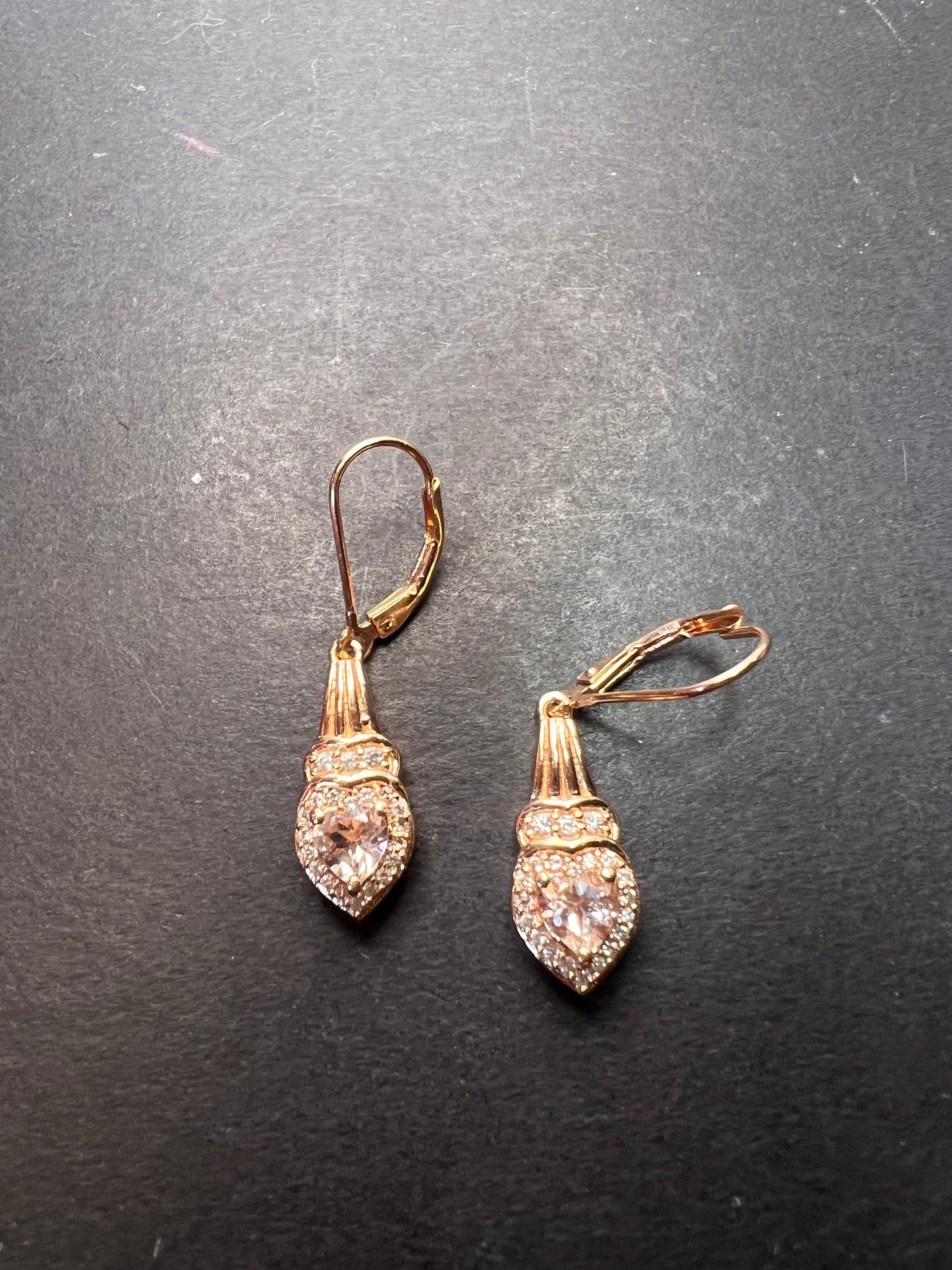 Marropino morganite and Cambodian zircon rose gold over sterling lever back heart drop earrings