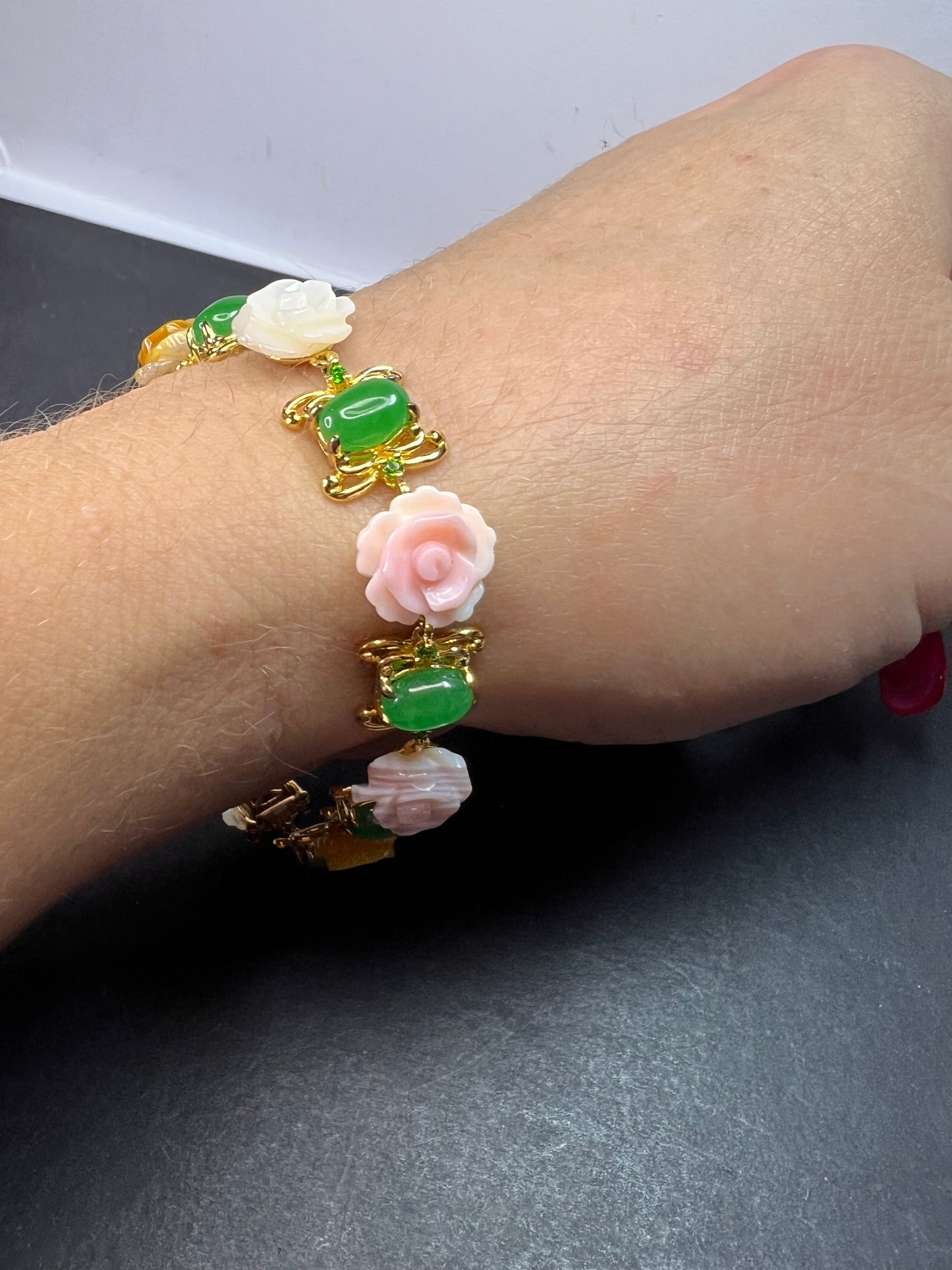 Mother of pearl roses , jade and chrome diopside bracelet in gold over sterling silver 7.5 inches