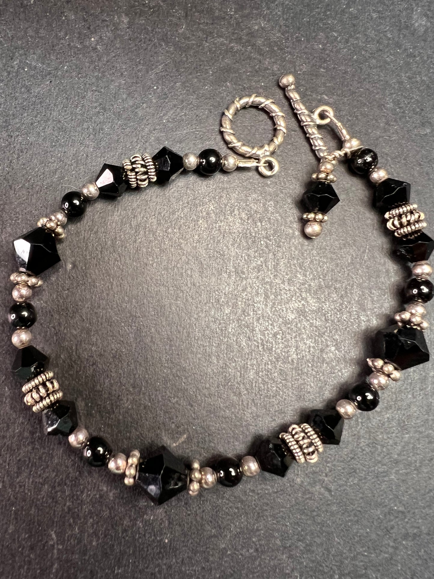 Black Swarovski Crystal & Bali Sterling Silver Beaded Bracelet – 7.75”