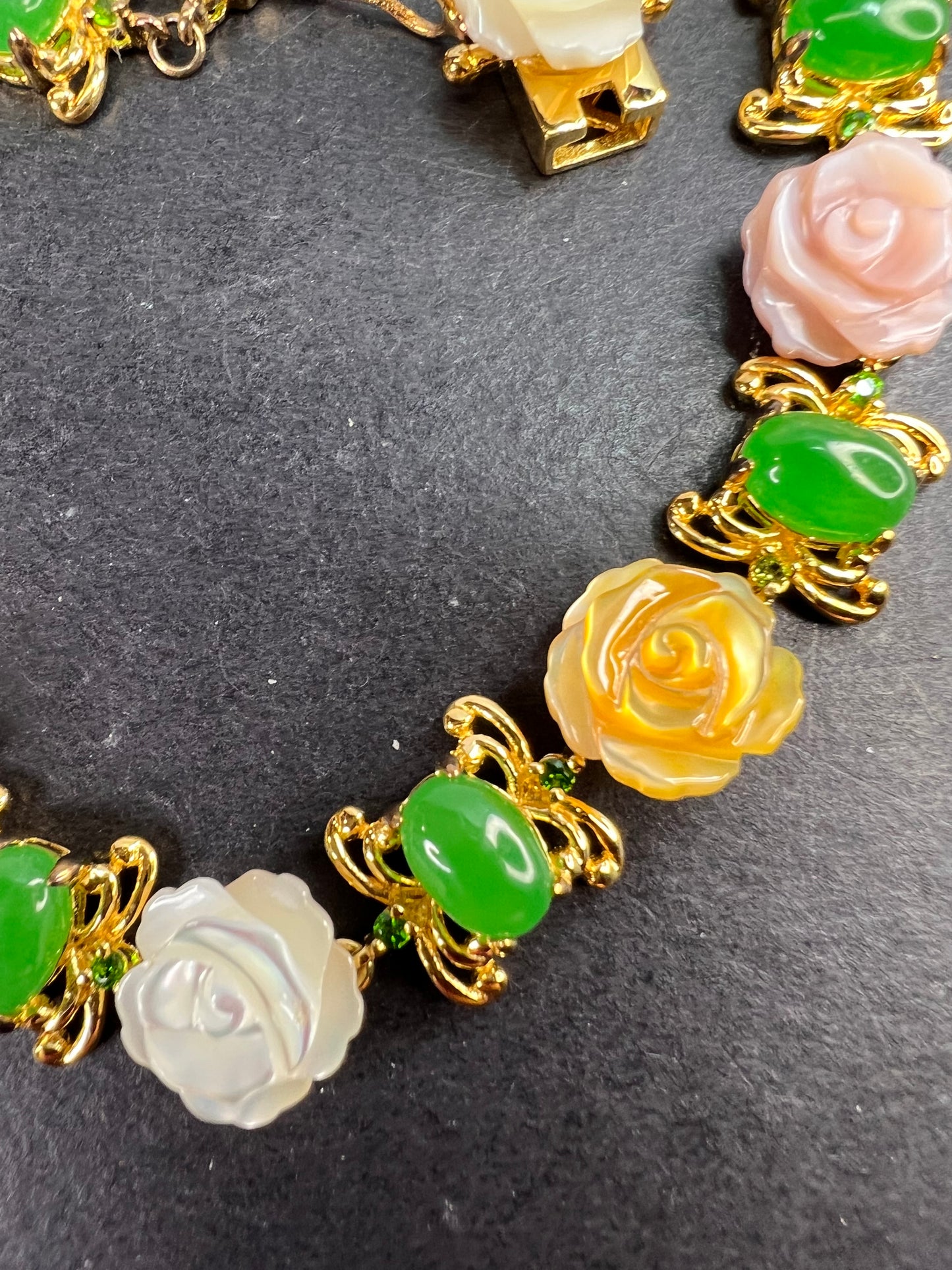 Mother of pearl roses , jade and chrome diopside bracelet in gold over sterling silver 7.5 inches