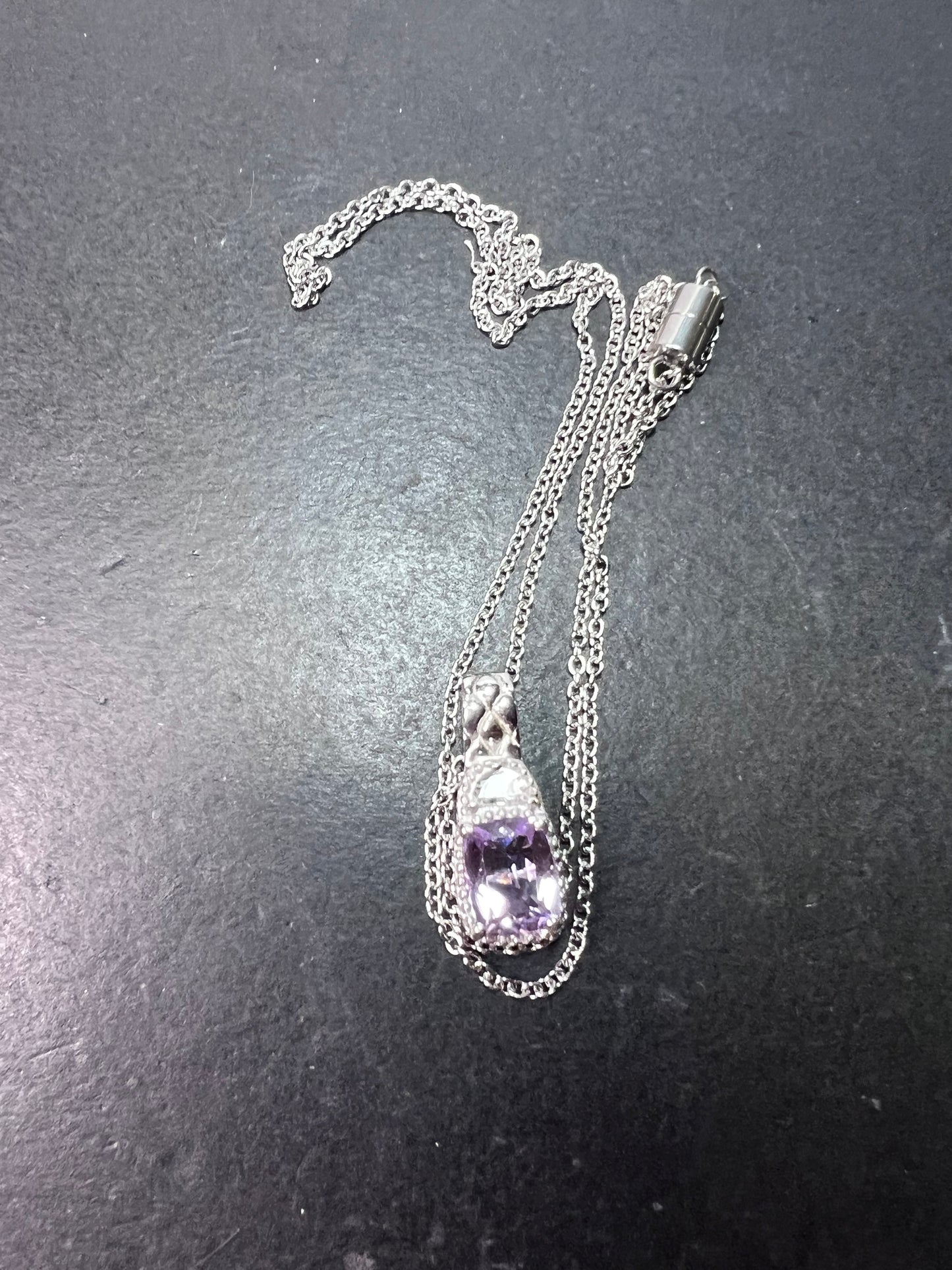 Rose de France amethyst and white topaz sterling silver pendant with stainless steel chain