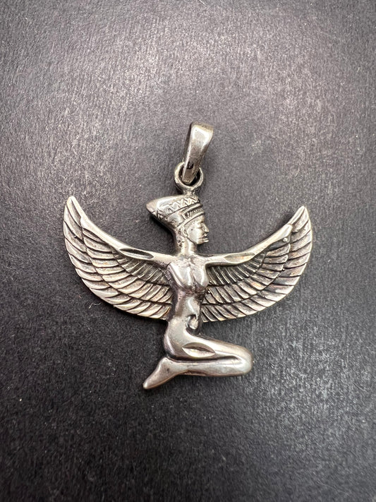Vintage Sterling Silver Isis Goddess Pendant – Winged Egyptian Protection Amulet