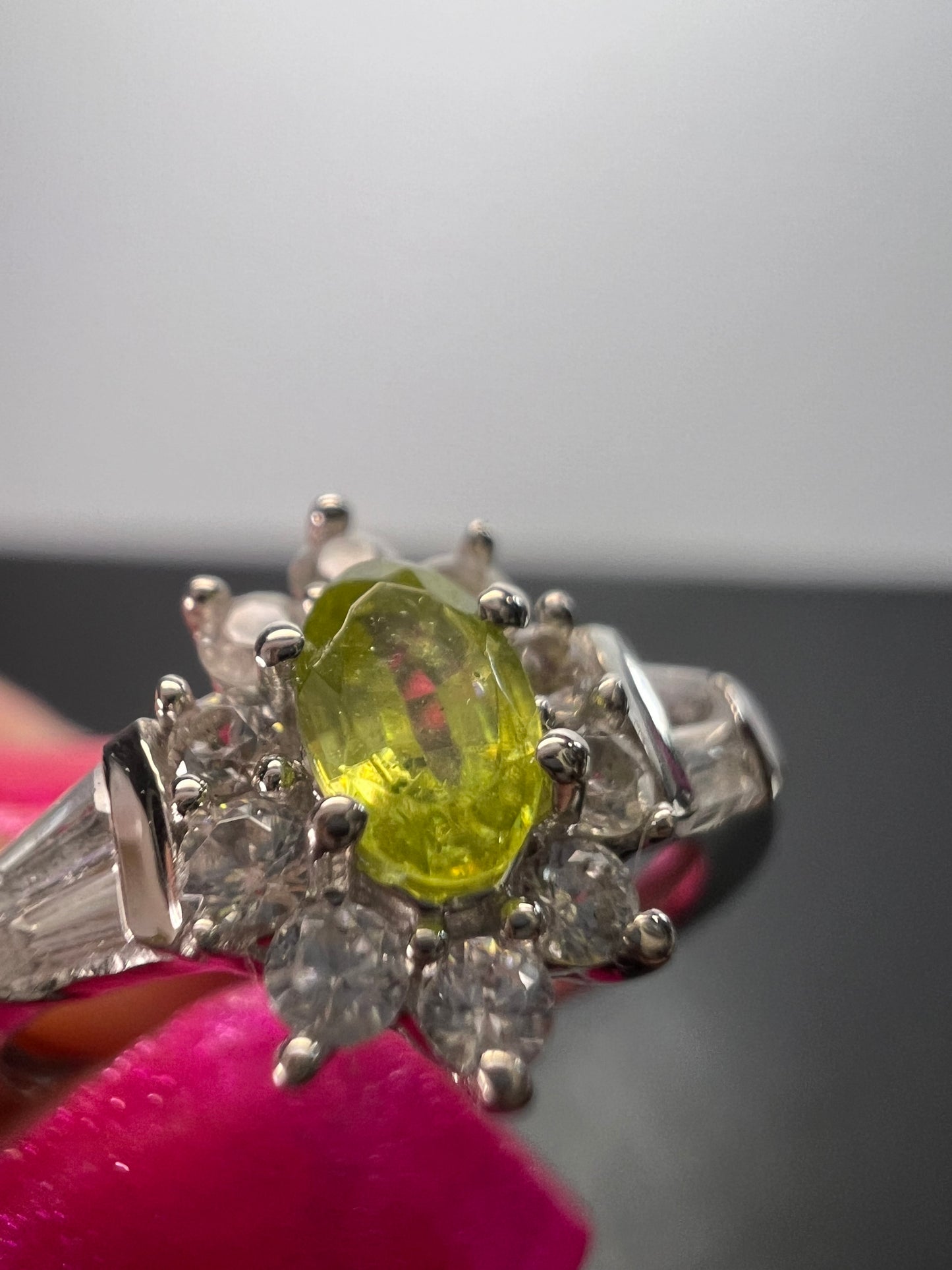 Sphene halo ring in rhodium over sterling silver size 5 *NEW*